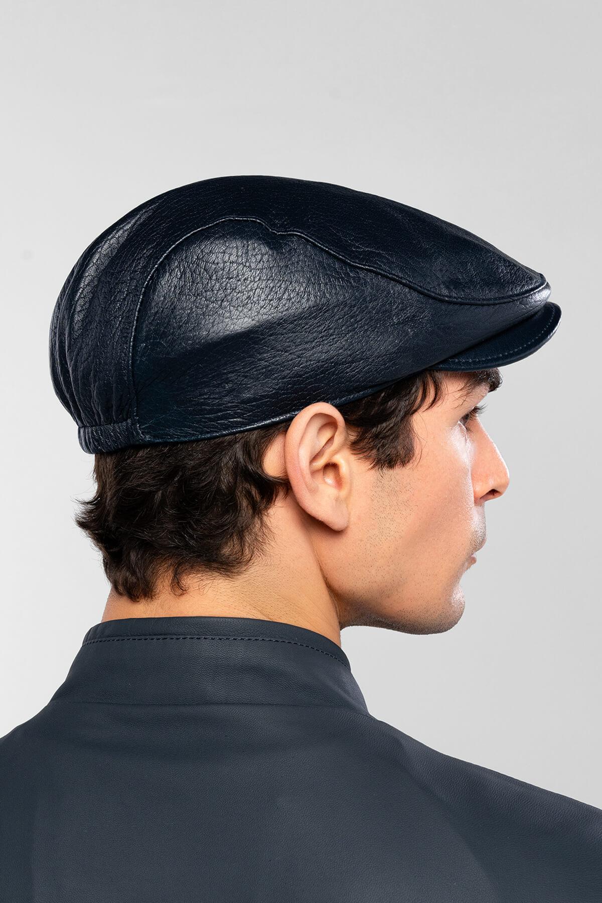 Tamer Tanca Erkek Hakiki Deri Lacivert Kasket Şapka