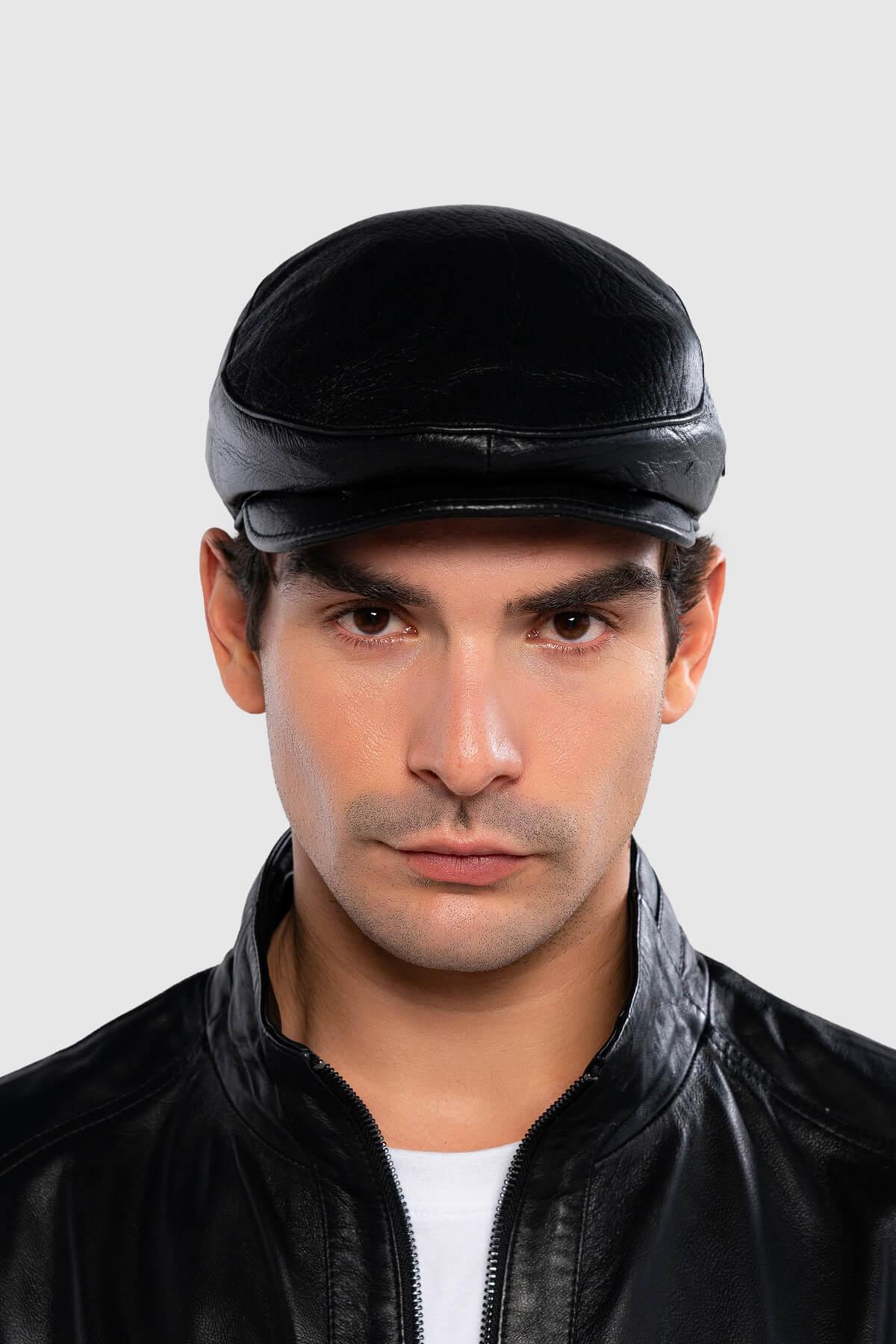 Tamer Tanca Erkek Hakiki Deri Siyah Kasket Şapka