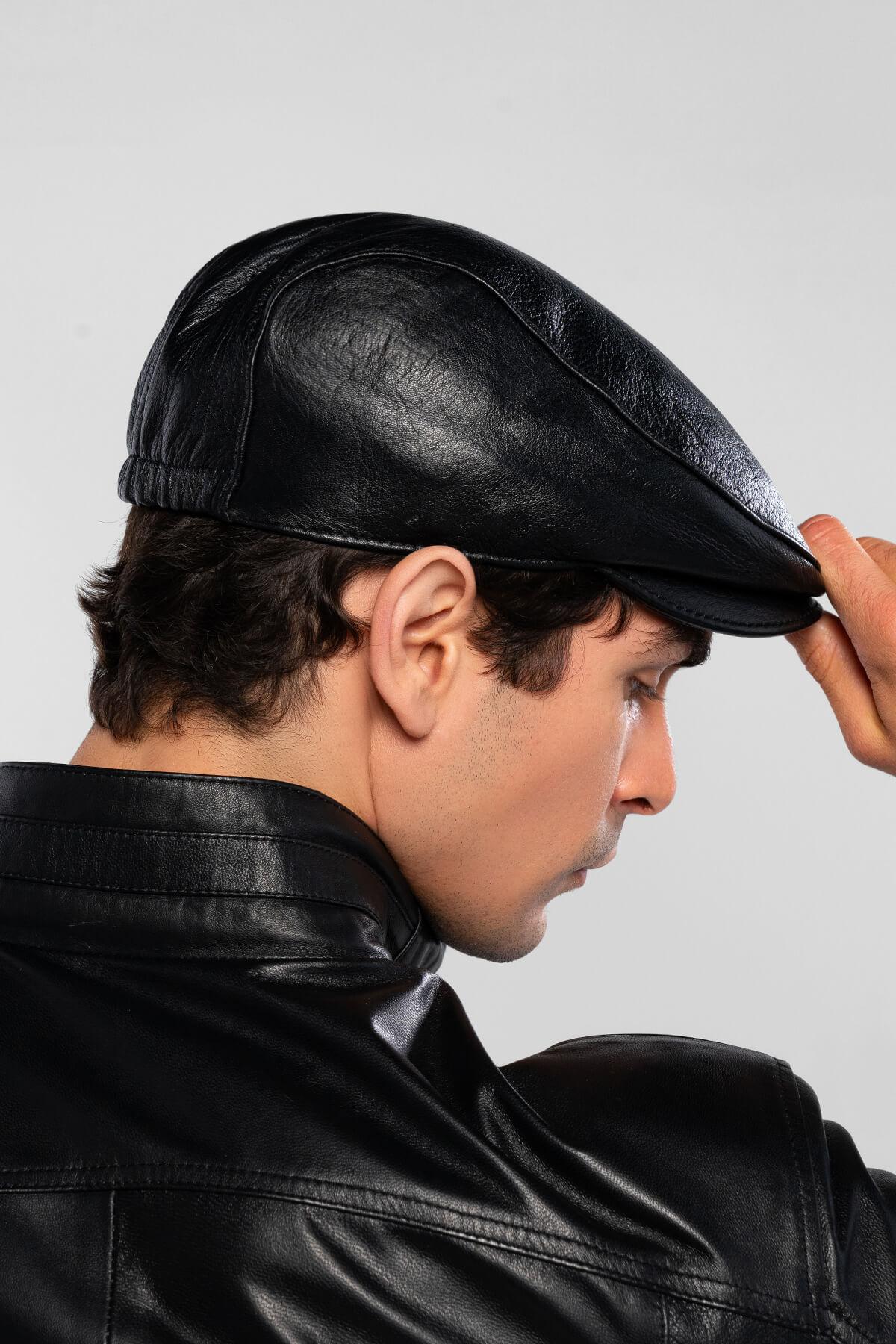 Tamer Tanca Erkek Hakiki Deri Siyah Kasket Şapka