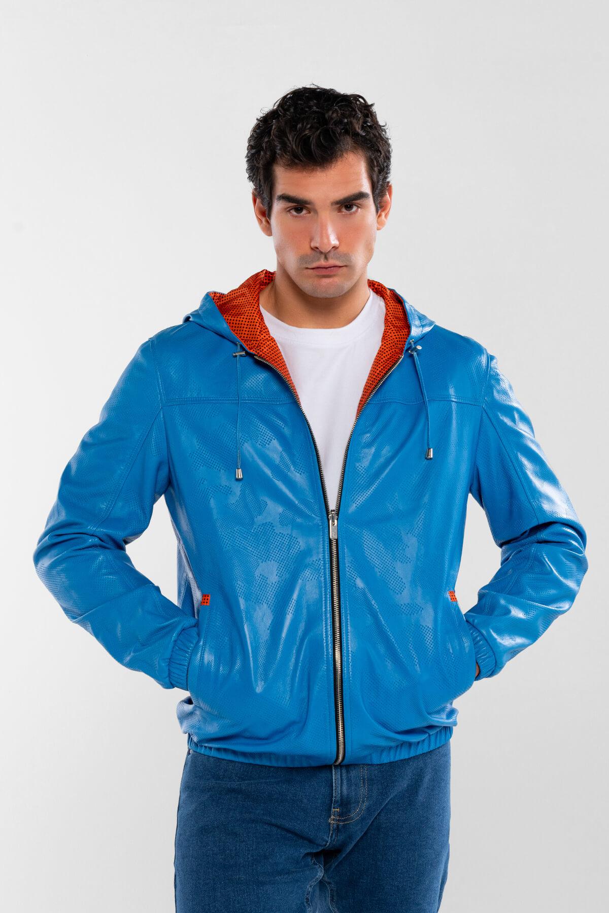 Tamer Tanca Erkek Hakiki Deri Mavi/Turuncu Deri Mont