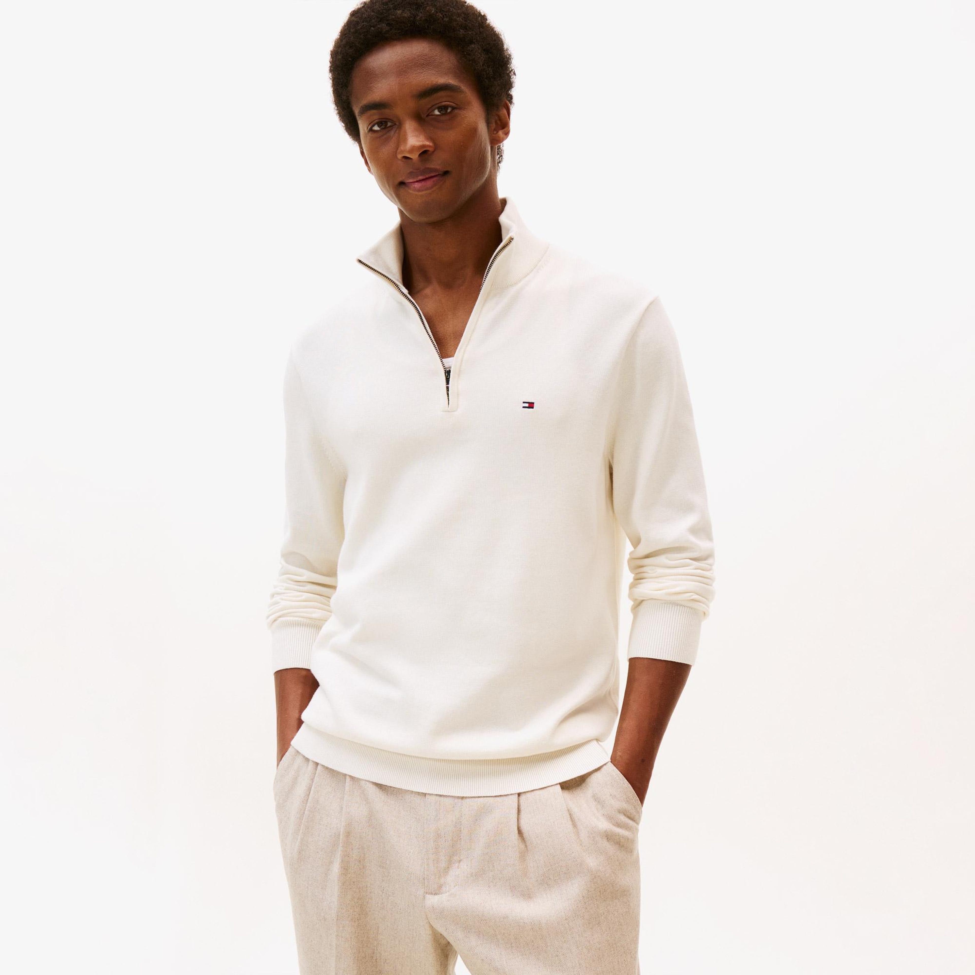 Tommy Hilfiger Essential Erkek Yarım Fermuarlı Triko Krem Triko