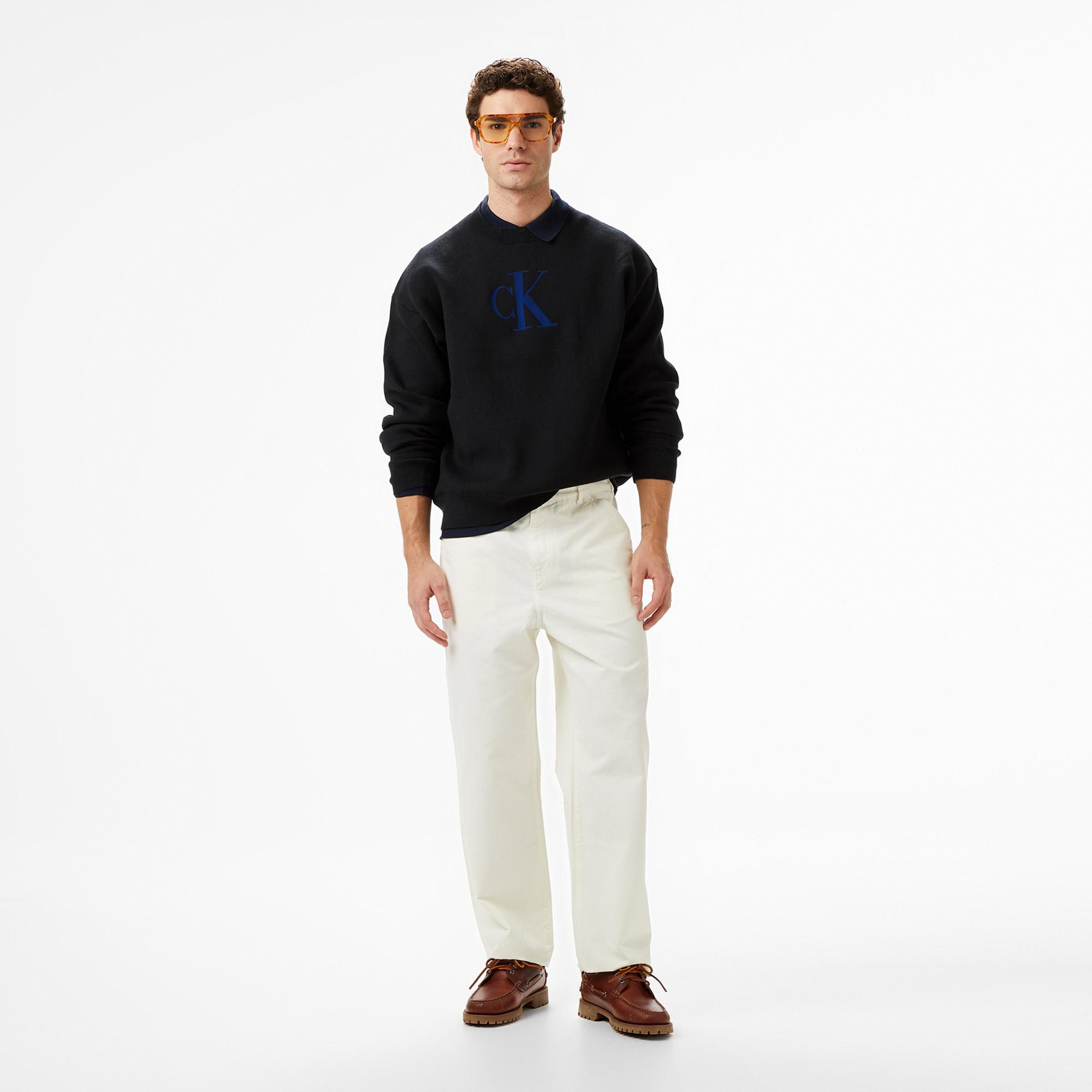 Calvin Klein Cashmere 3D Logo Erkek Siyah Triko