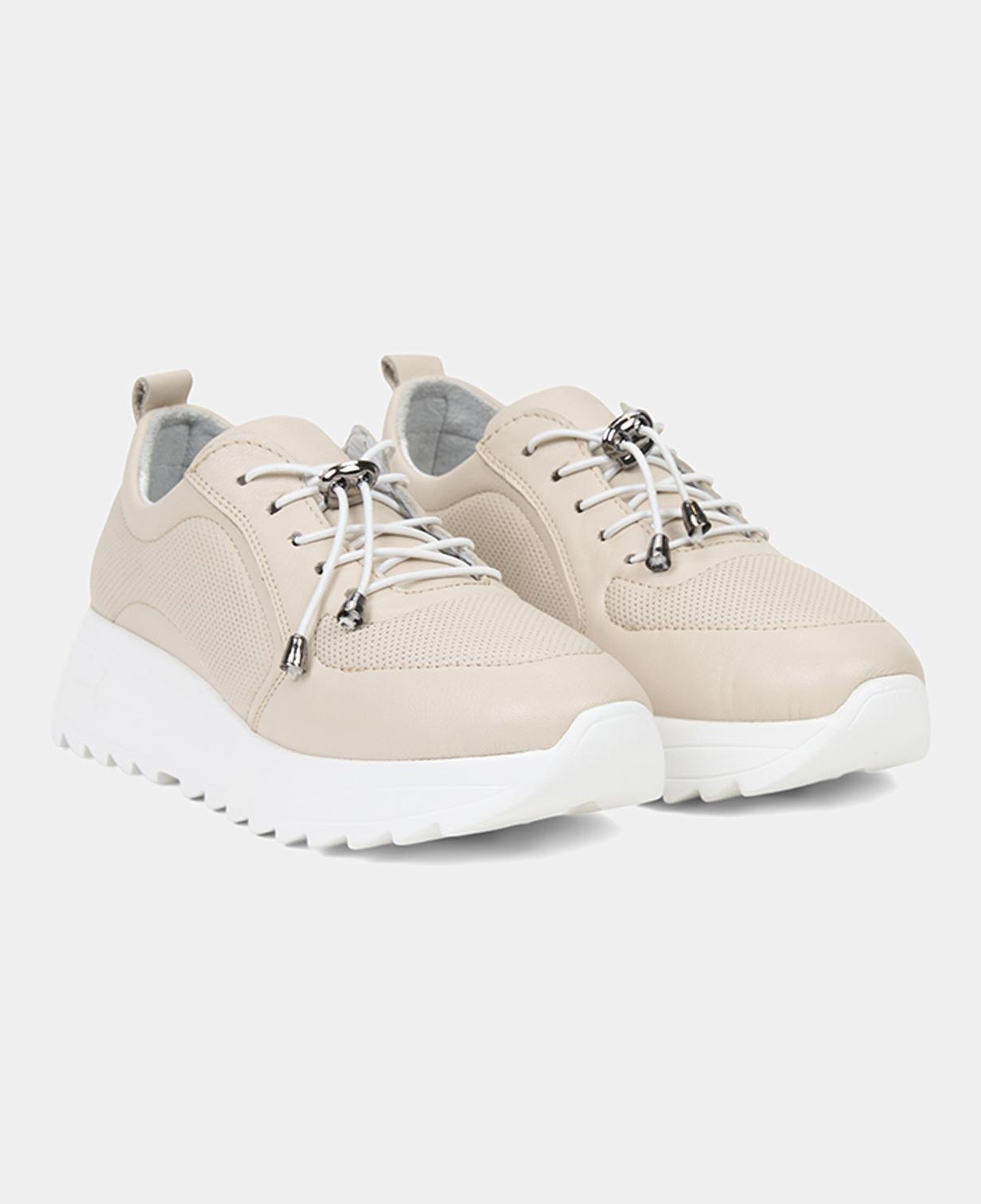 Kadın Kırık Beyaz Lastik Bağcıklı Dolgu Topuklu Deri Sneaker