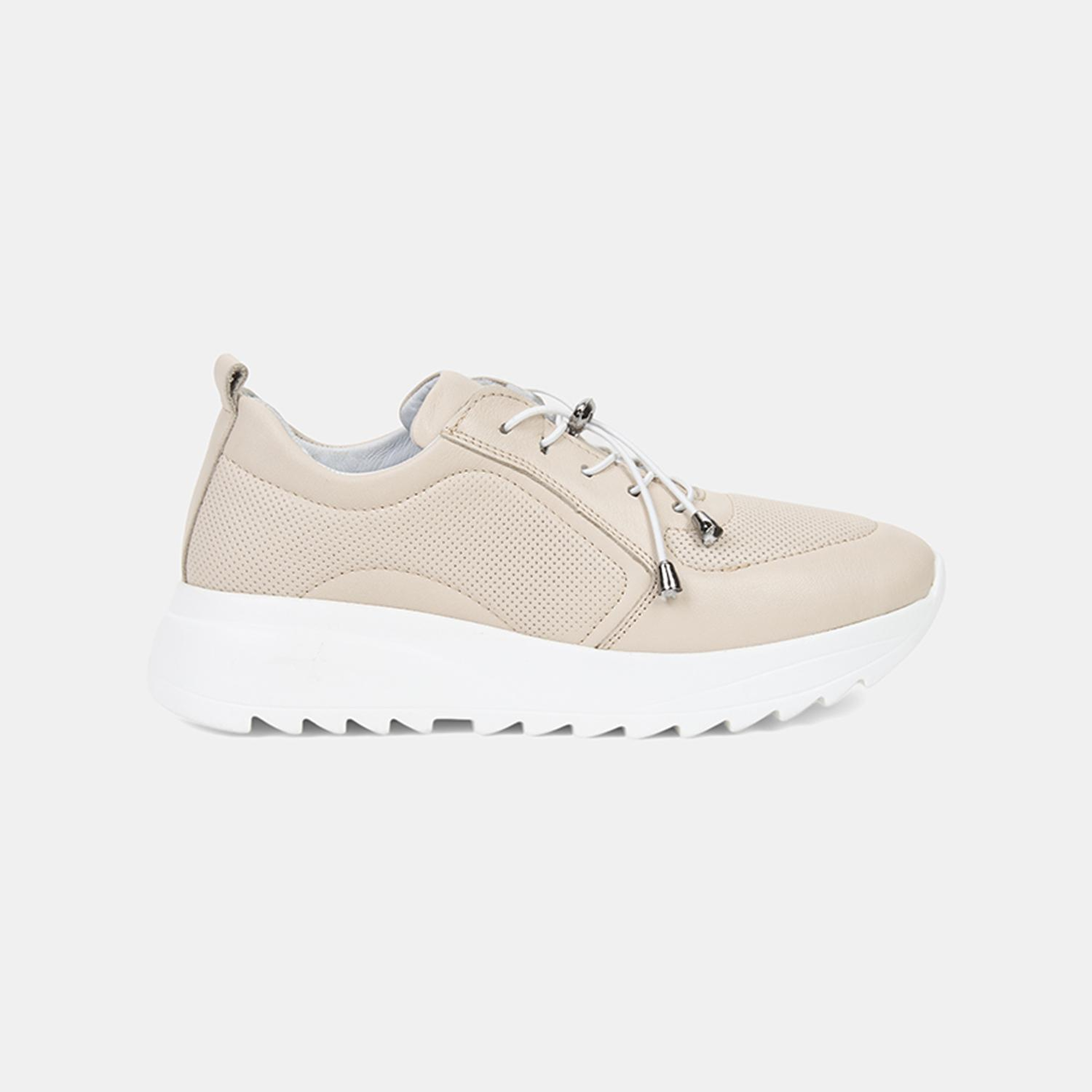 Kadın Kırık Beyaz Lastik Bağcıklı Dolgu Topuklu Deri Sneaker