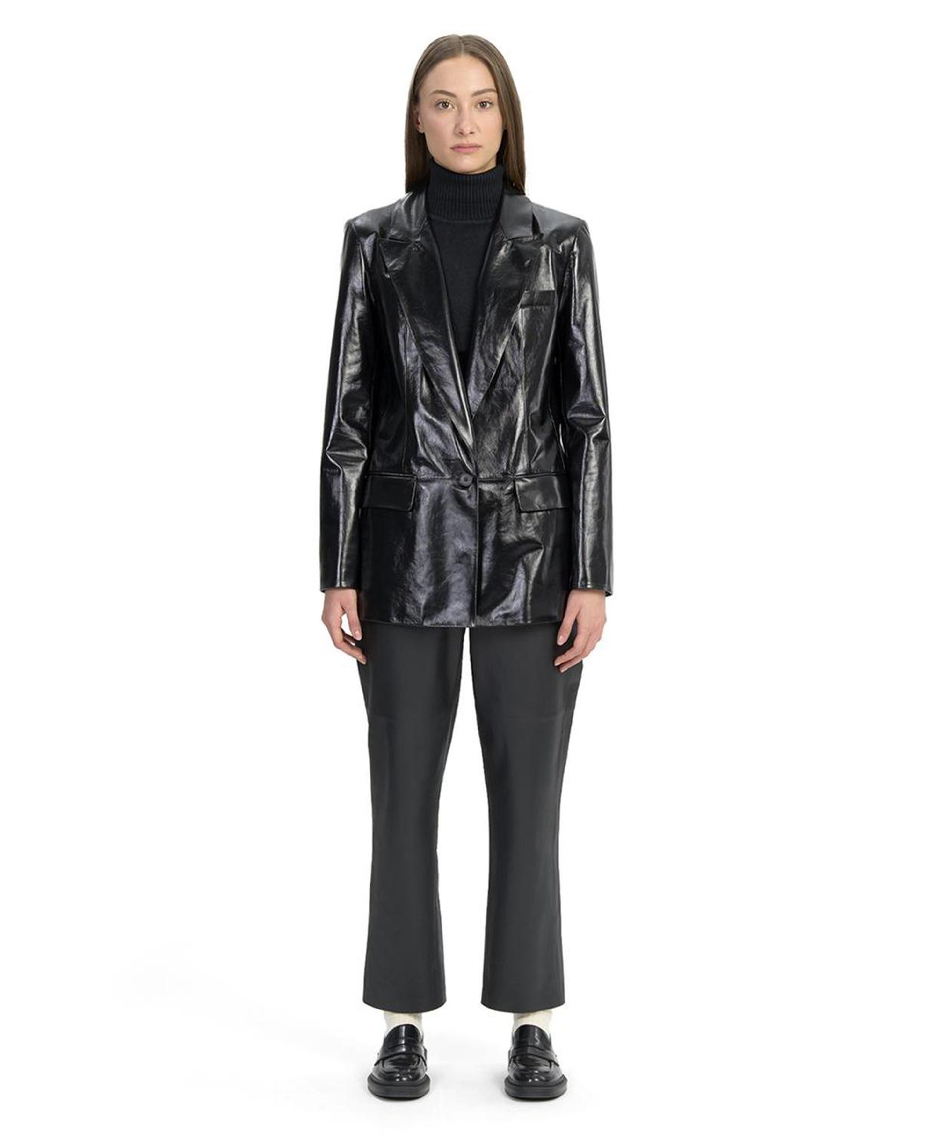 Minira Siyah Deri Blazer Ceket