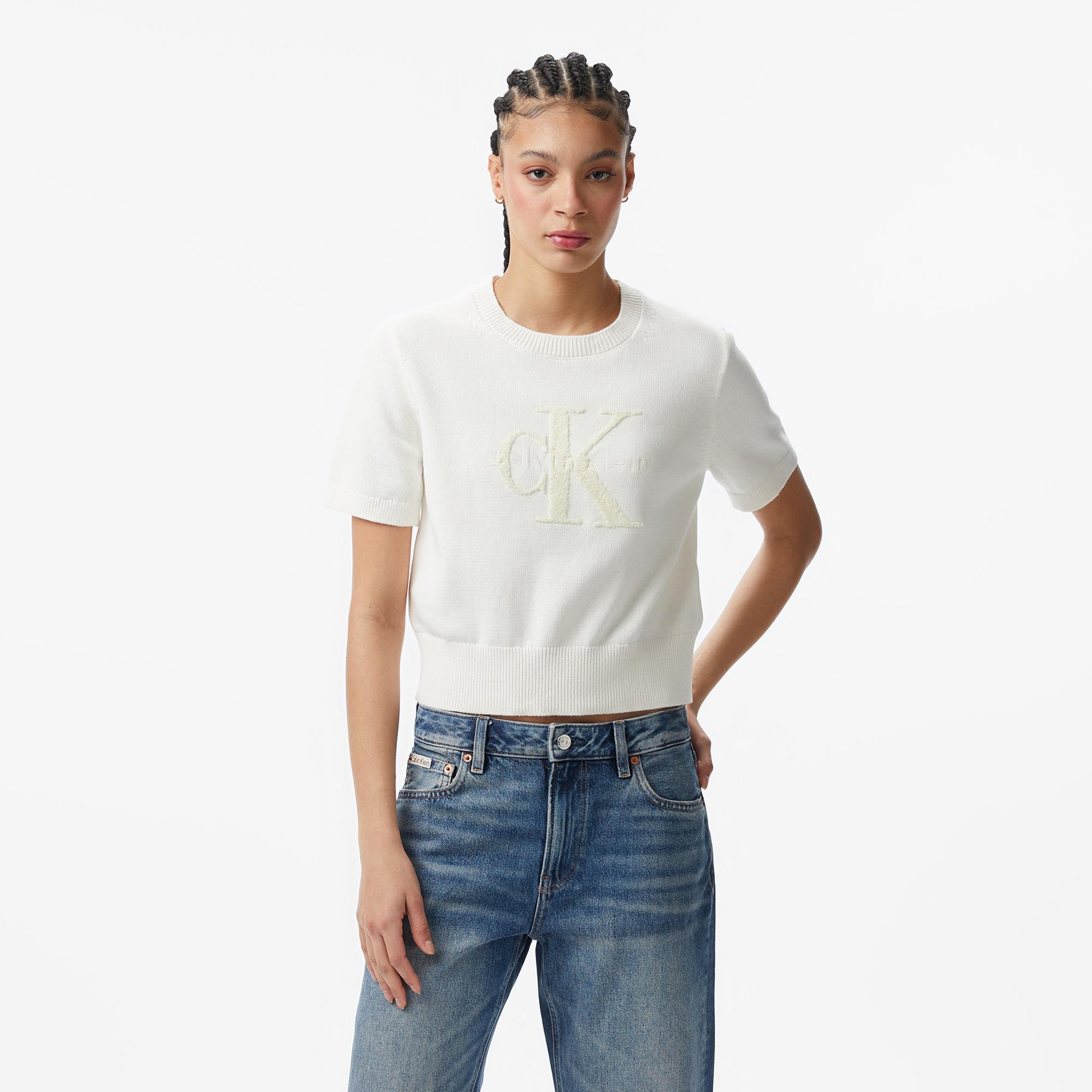 Calvin Klein Chunky Cotton Graphic Vest Kadın Beyaz Triko