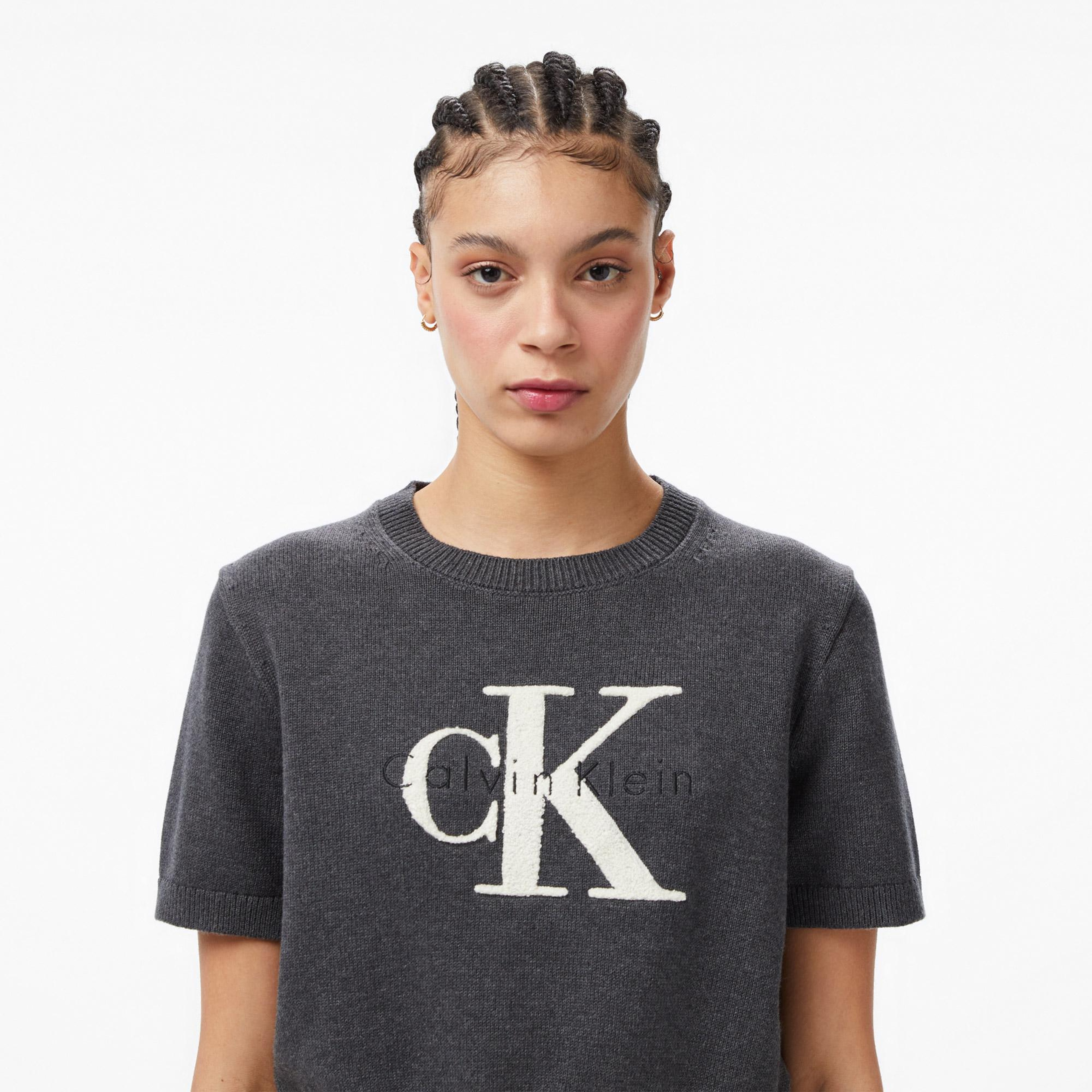 Calvin Klein Chunky Cotton Graphic Vest Kadın Gri Triko