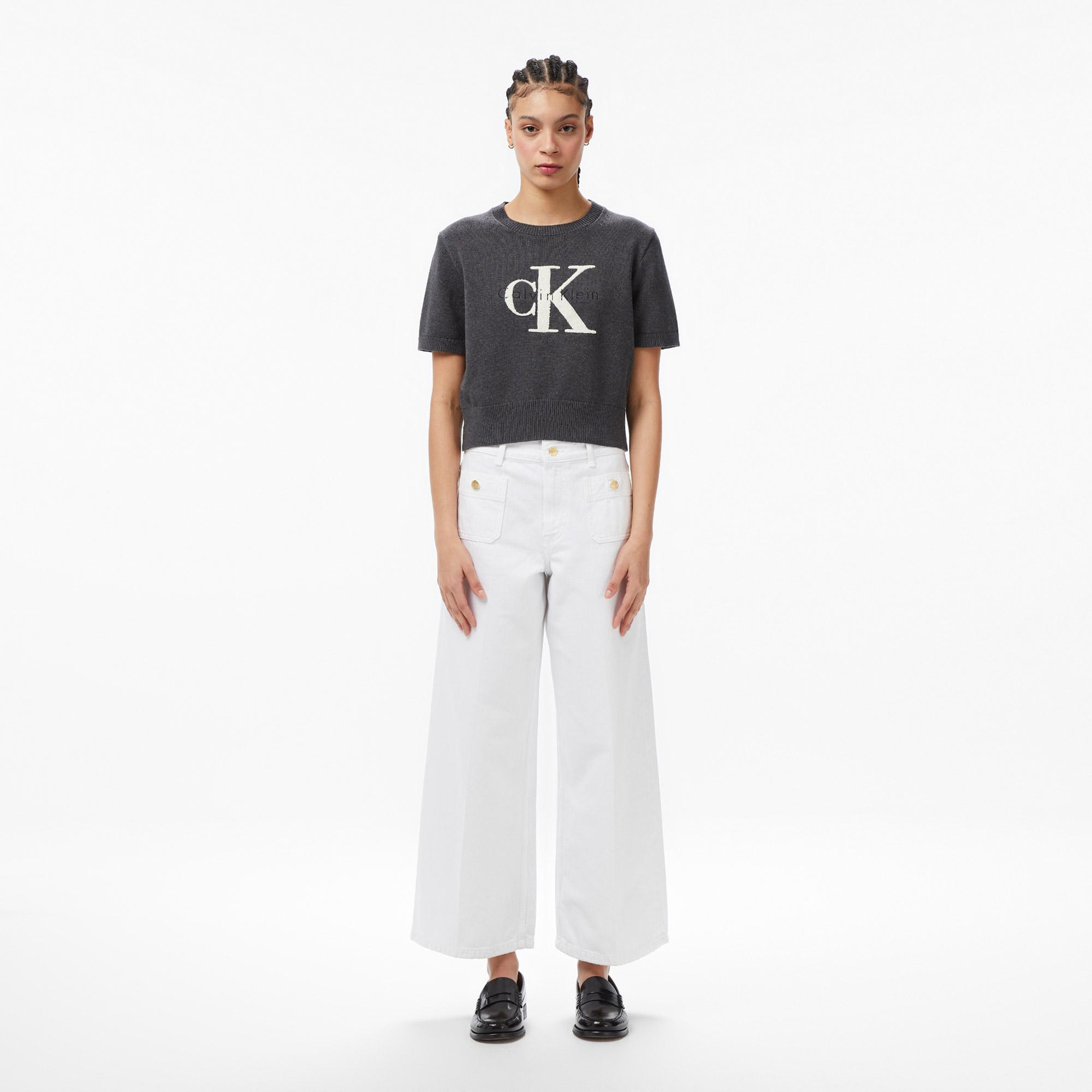 Calvin Klein Chunky Cotton Graphic Vest Kadın Gri Triko