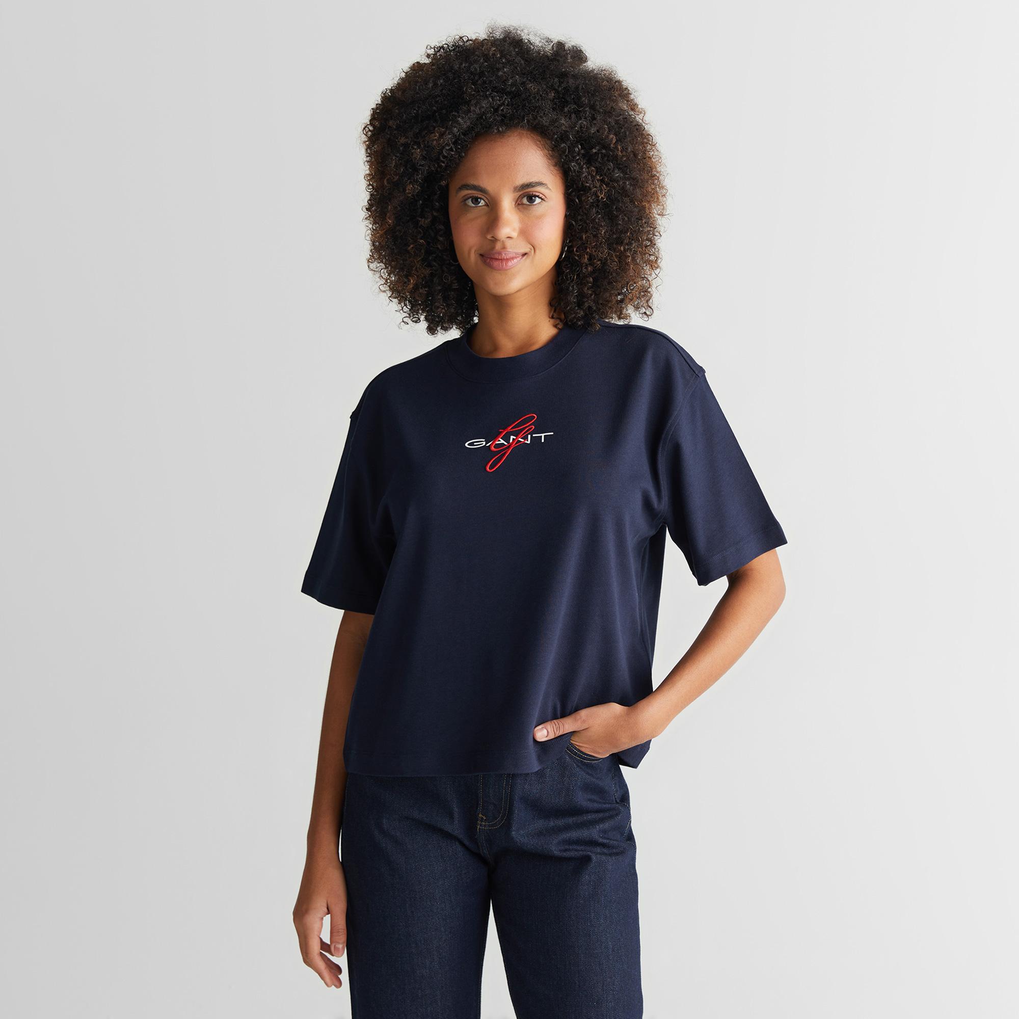 Gant Kadın Lacivert Bisiklet Yaka Logolu T-Shirt