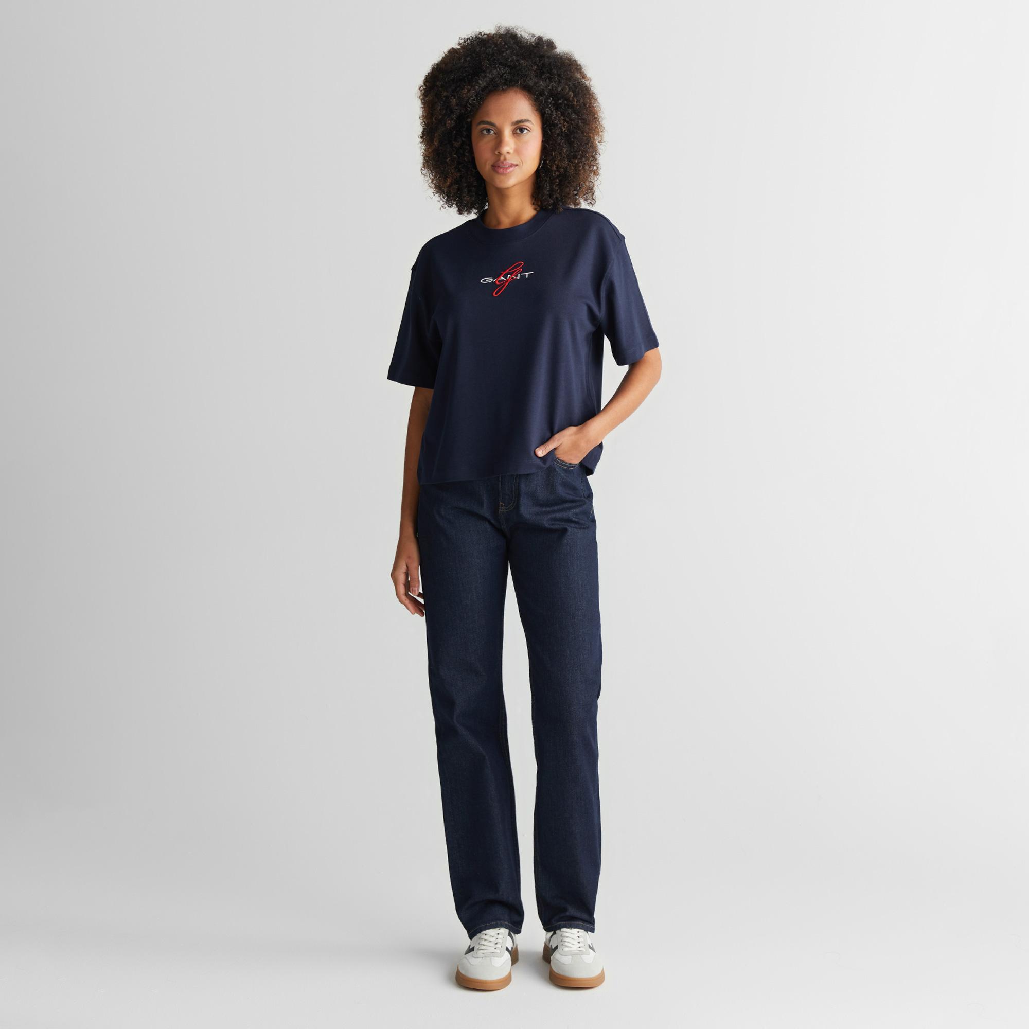 Gant Kadın Lacivert Bisiklet Yaka Logolu T-Shirt