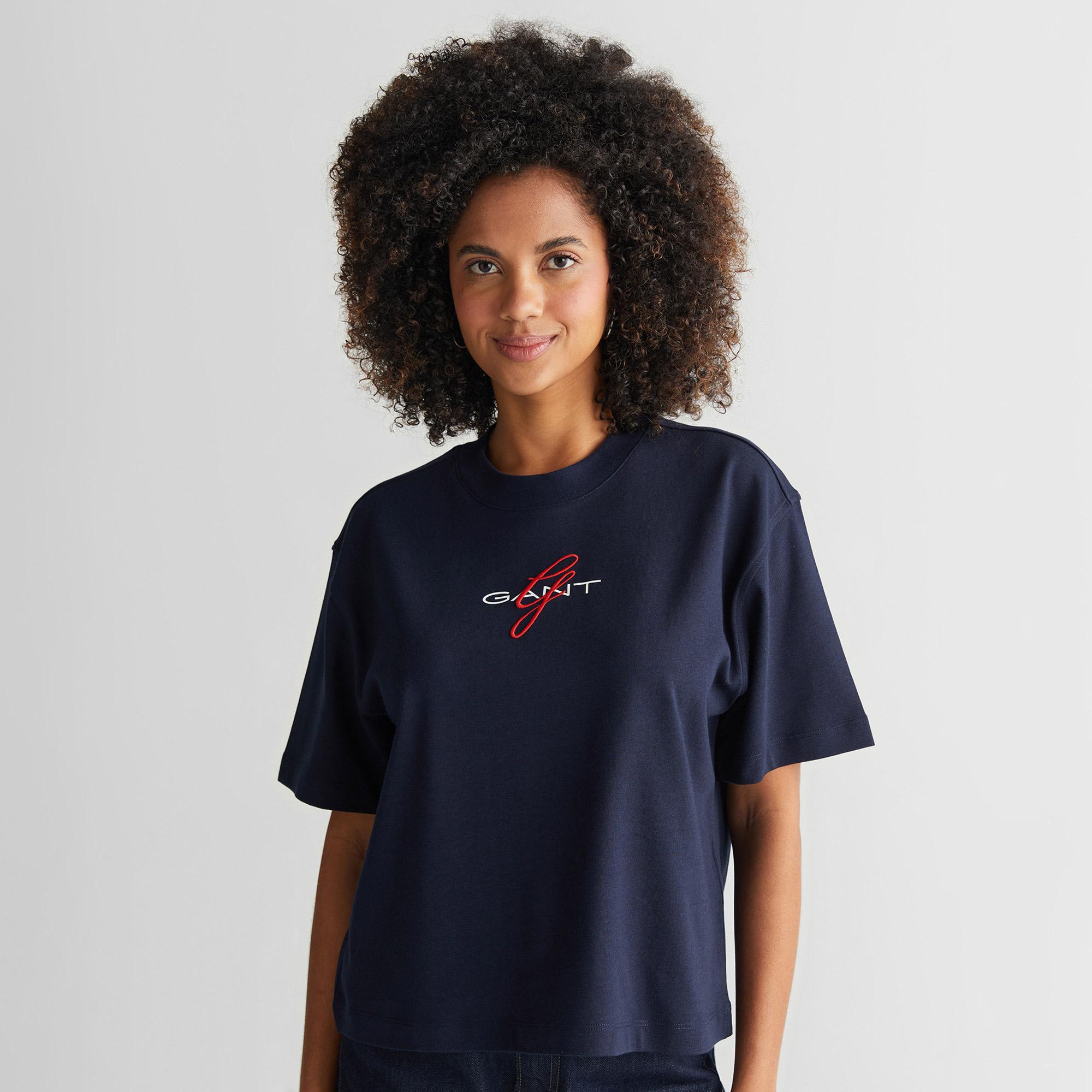 Gant Kadın Lacivert Bisiklet Yaka Logolu T-Shirt