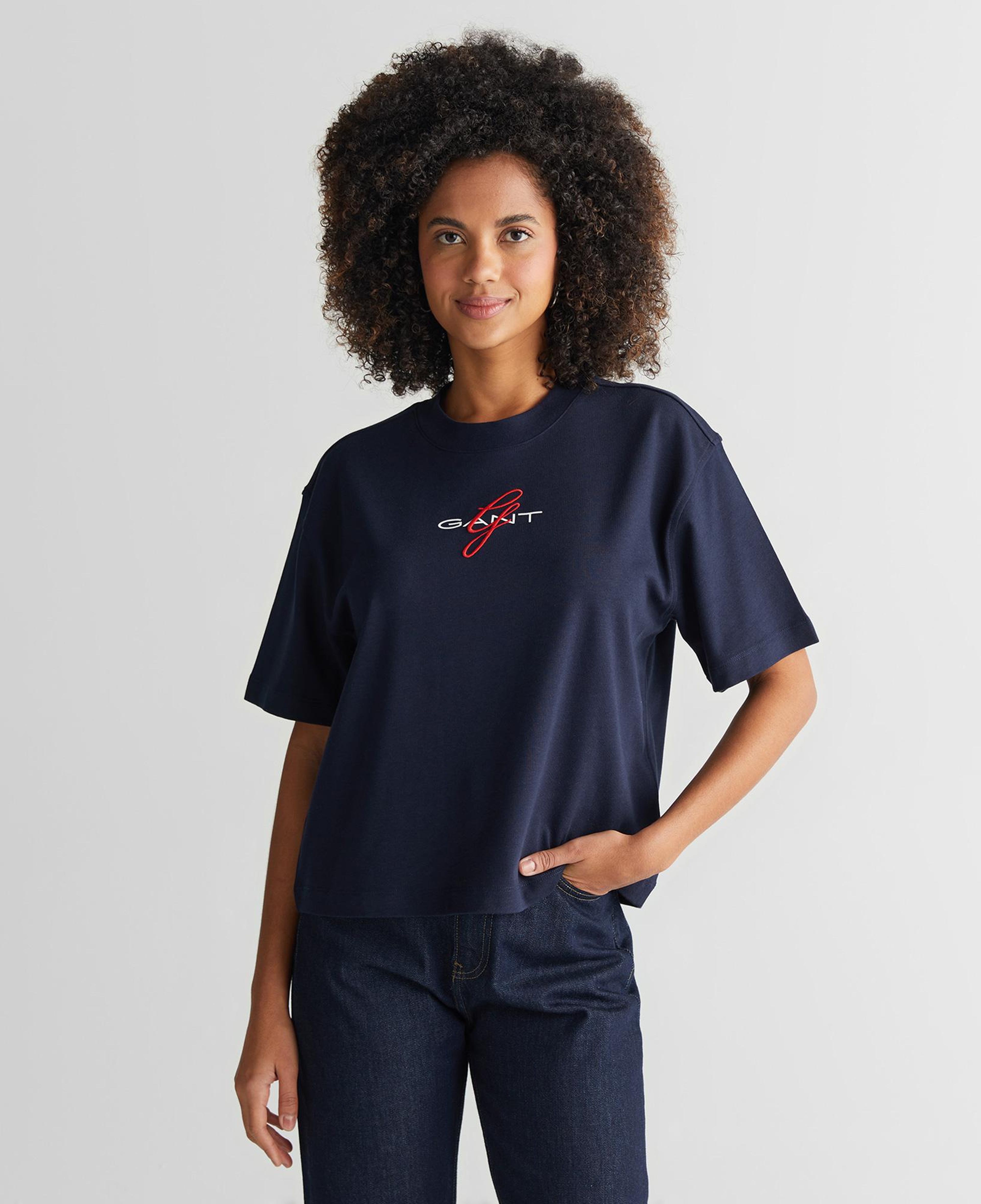 Gant Kadın Lacivert Bisiklet Yaka Logolu T-Shirt