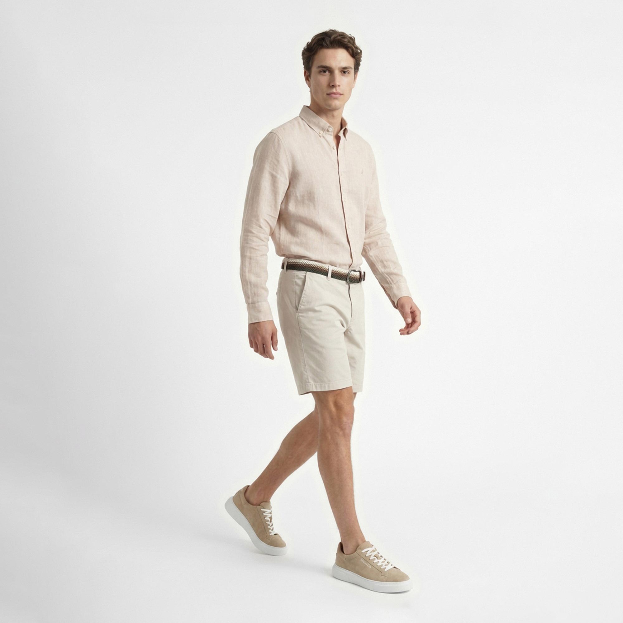 Nautica Erkek Bej Regular Fit Keten Gömlek