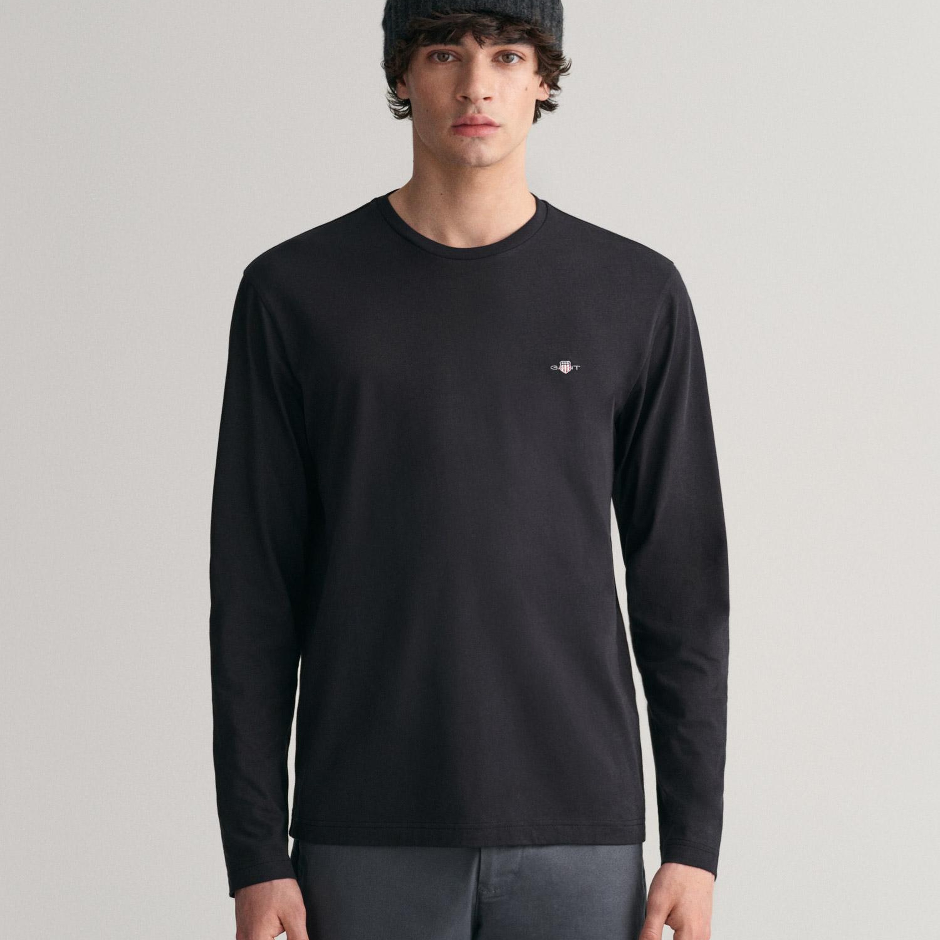 Gant Erkek Siyah Regular Fit Bisiklet Yaka Uzun Kollu T-Shirt