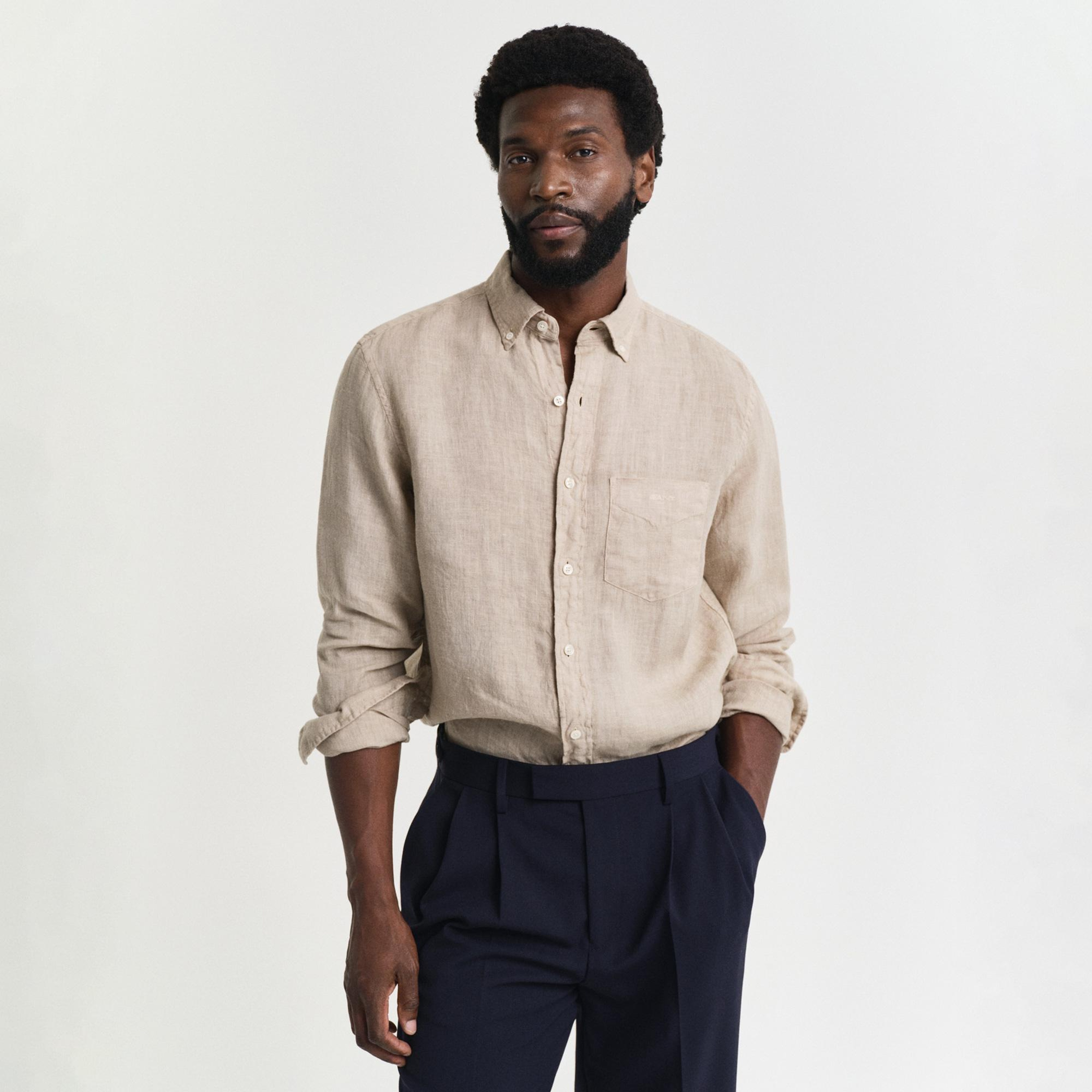 Gant Erkek Bej Regular Fit Düğmeli Yaka Keten Gömlek