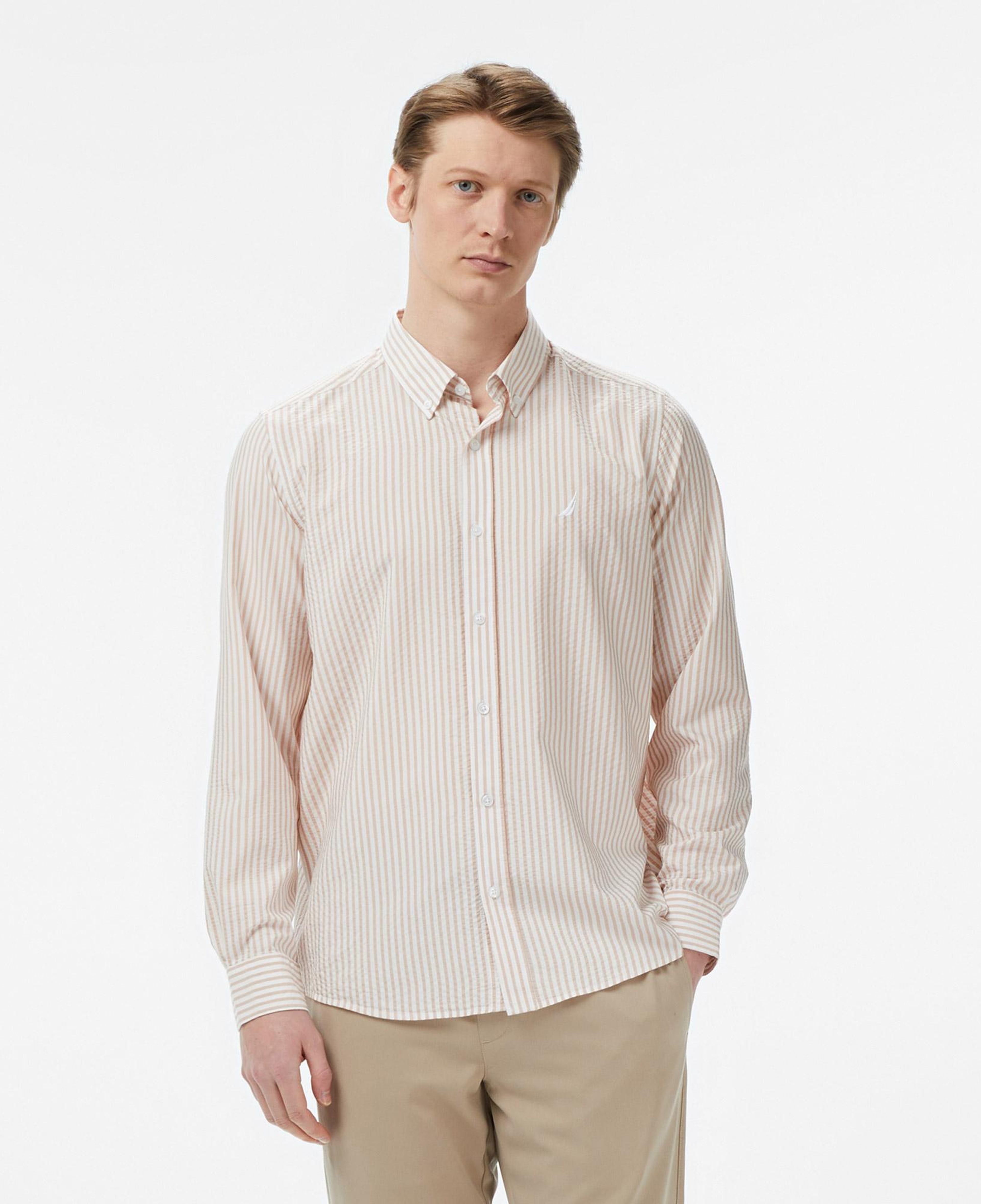Nautica Erkek Bej Regular Fit Çizgili Gömlek