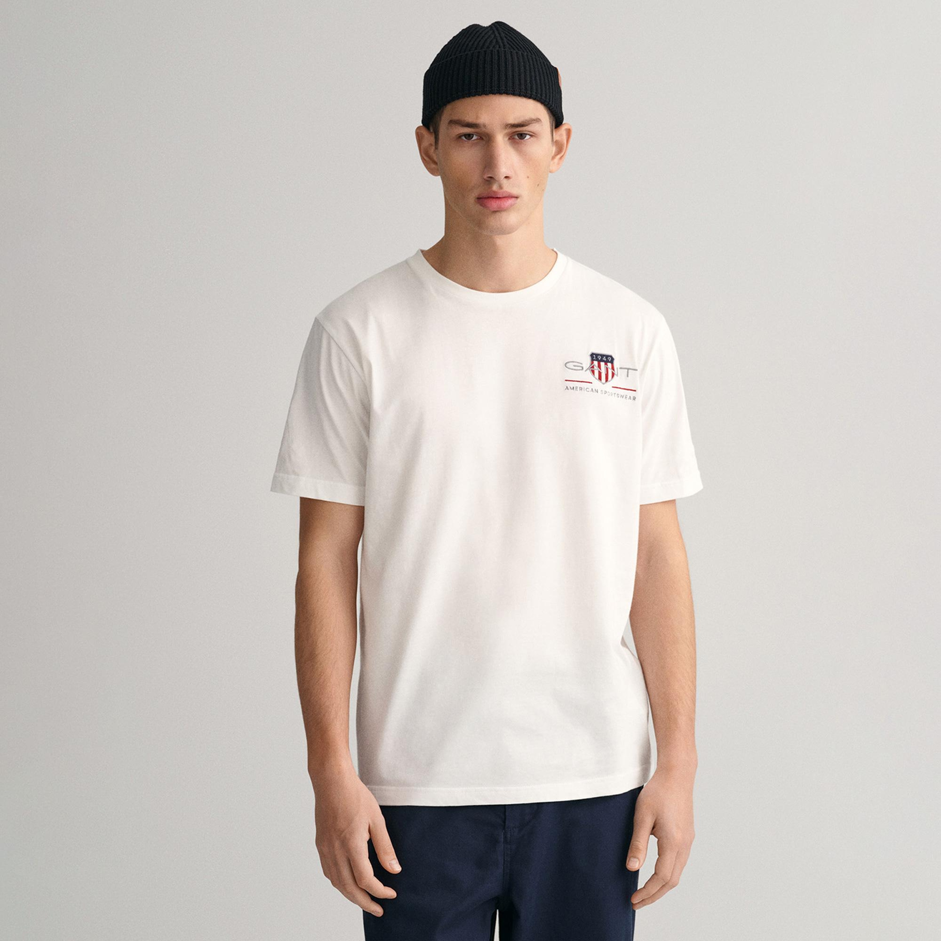 GANT Erkek Beyaz Regular Fit Bisiklet Yaka Logolu T-shirt