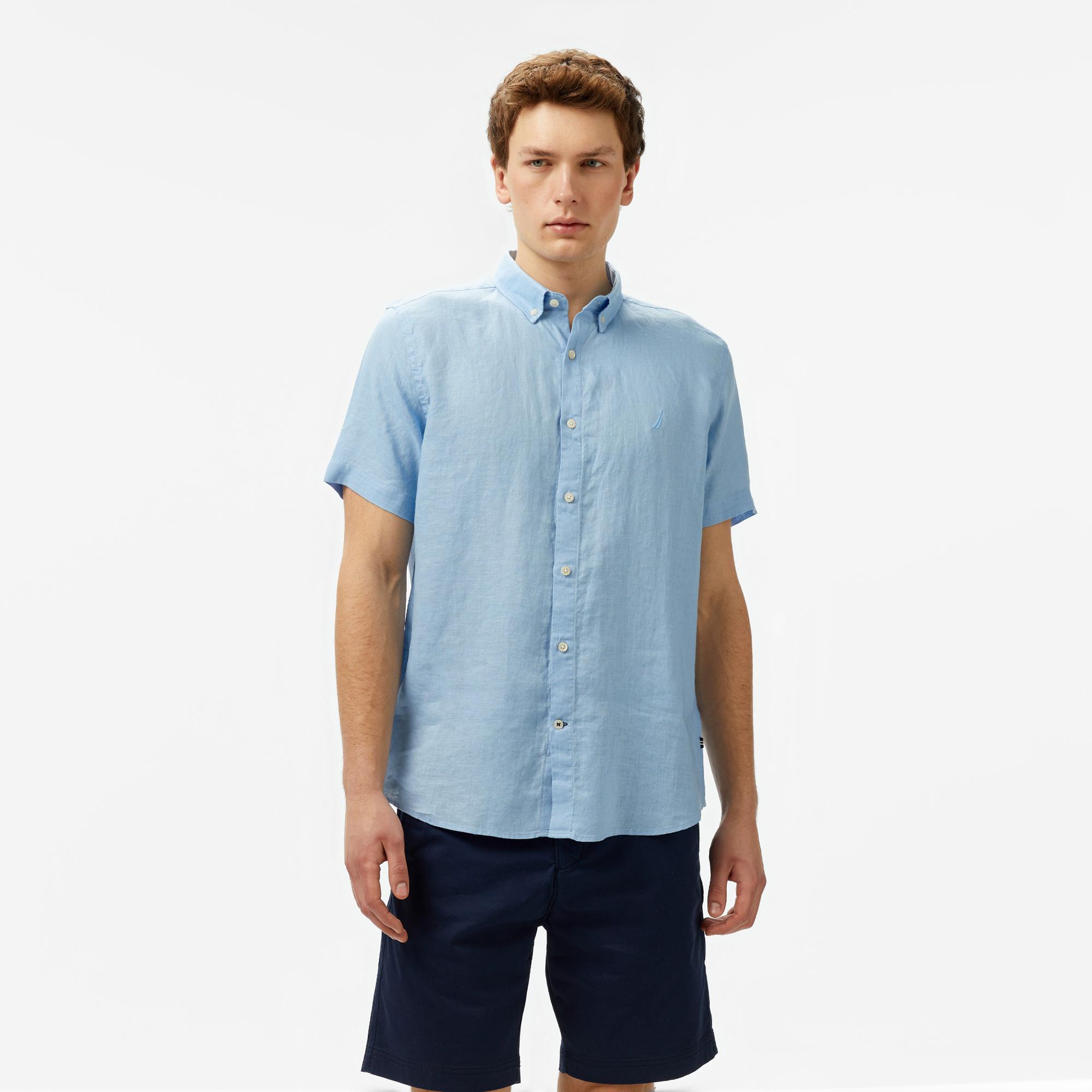 Nautica Erkek Mavi Classic Fit Keten Gömlek