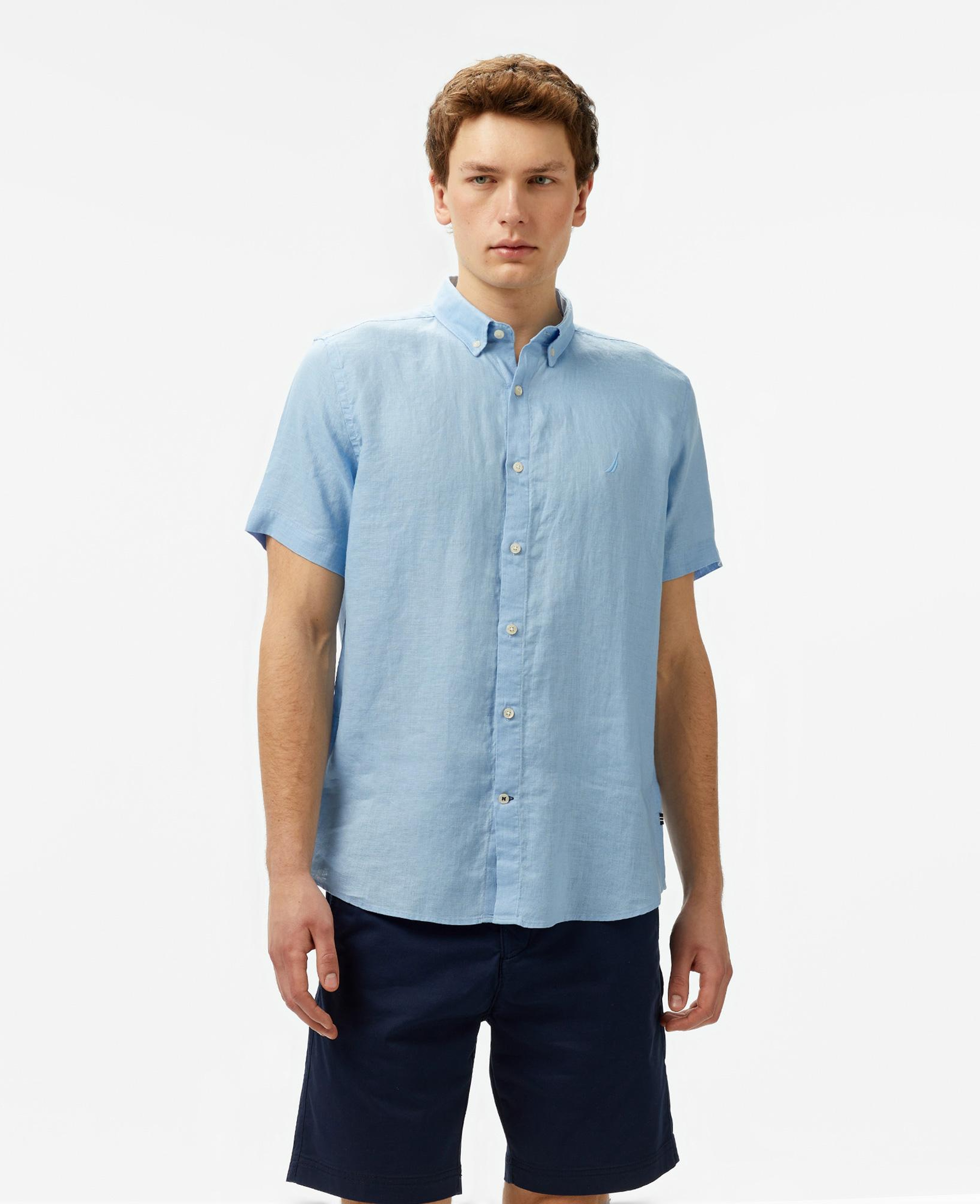 Nautica Erkek Mavi Classic Fit Keten Gömlek