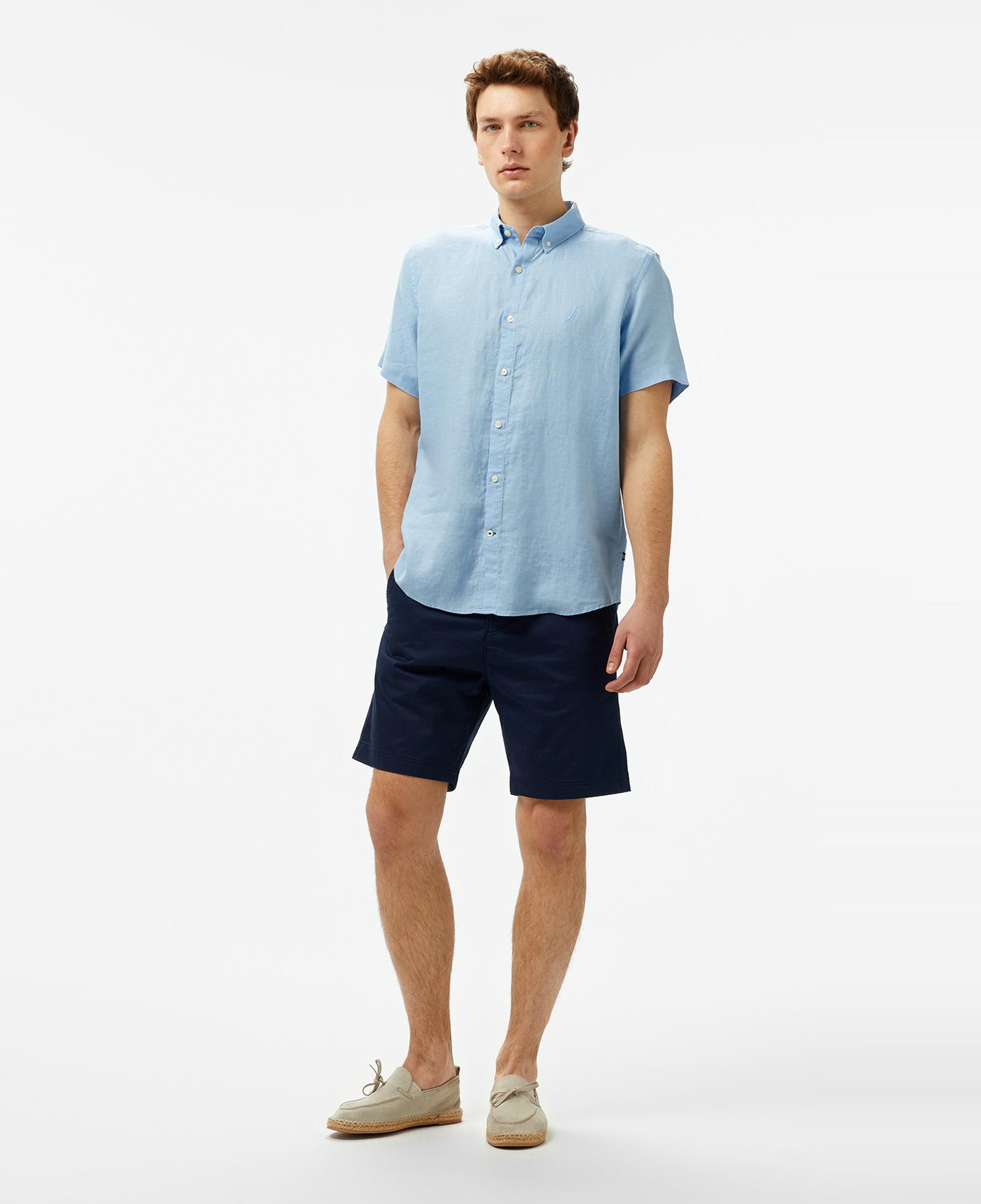 Nautica Erkek Mavi Classic Fit Keten Gömlek