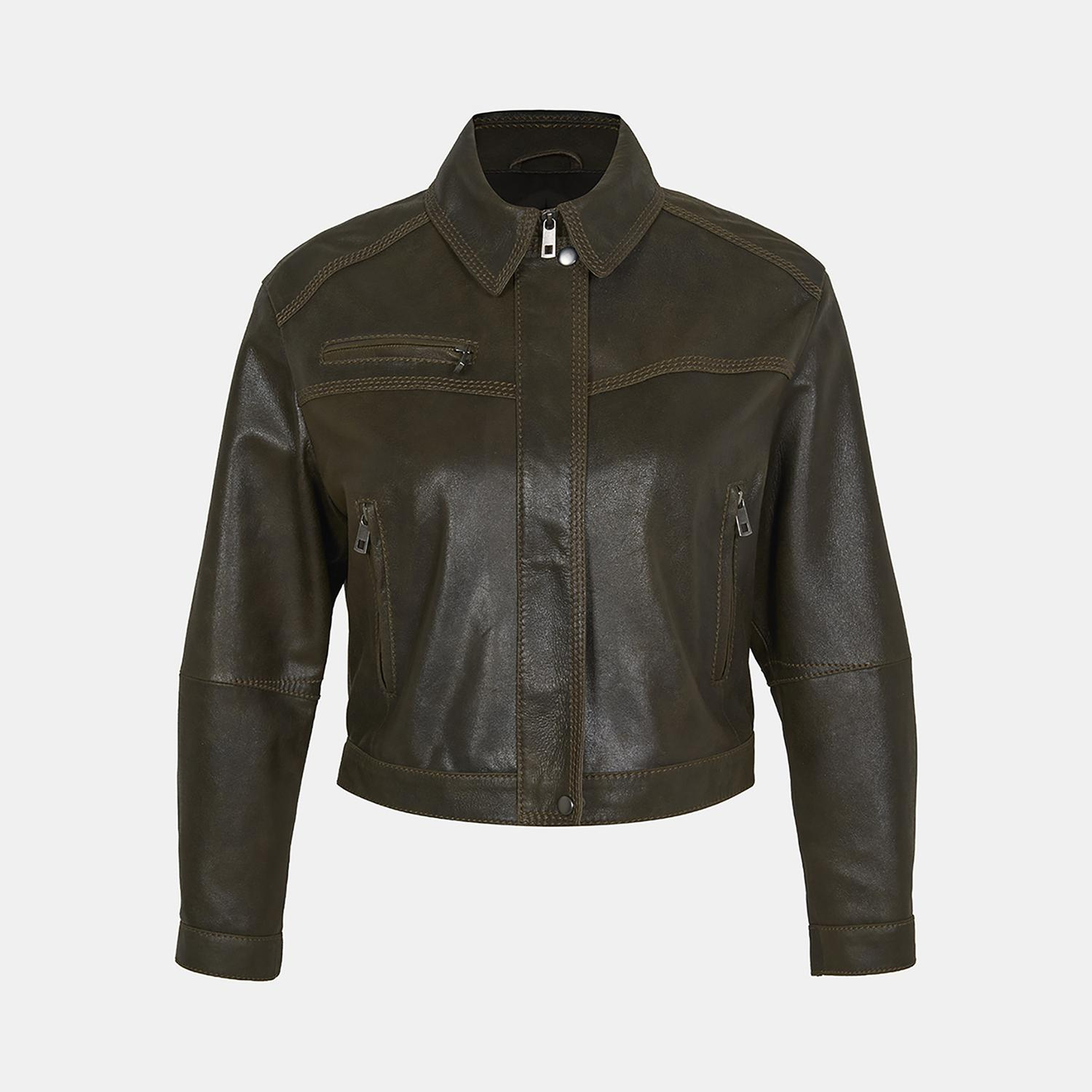 Kadın Haki Deri Bomber Ceket