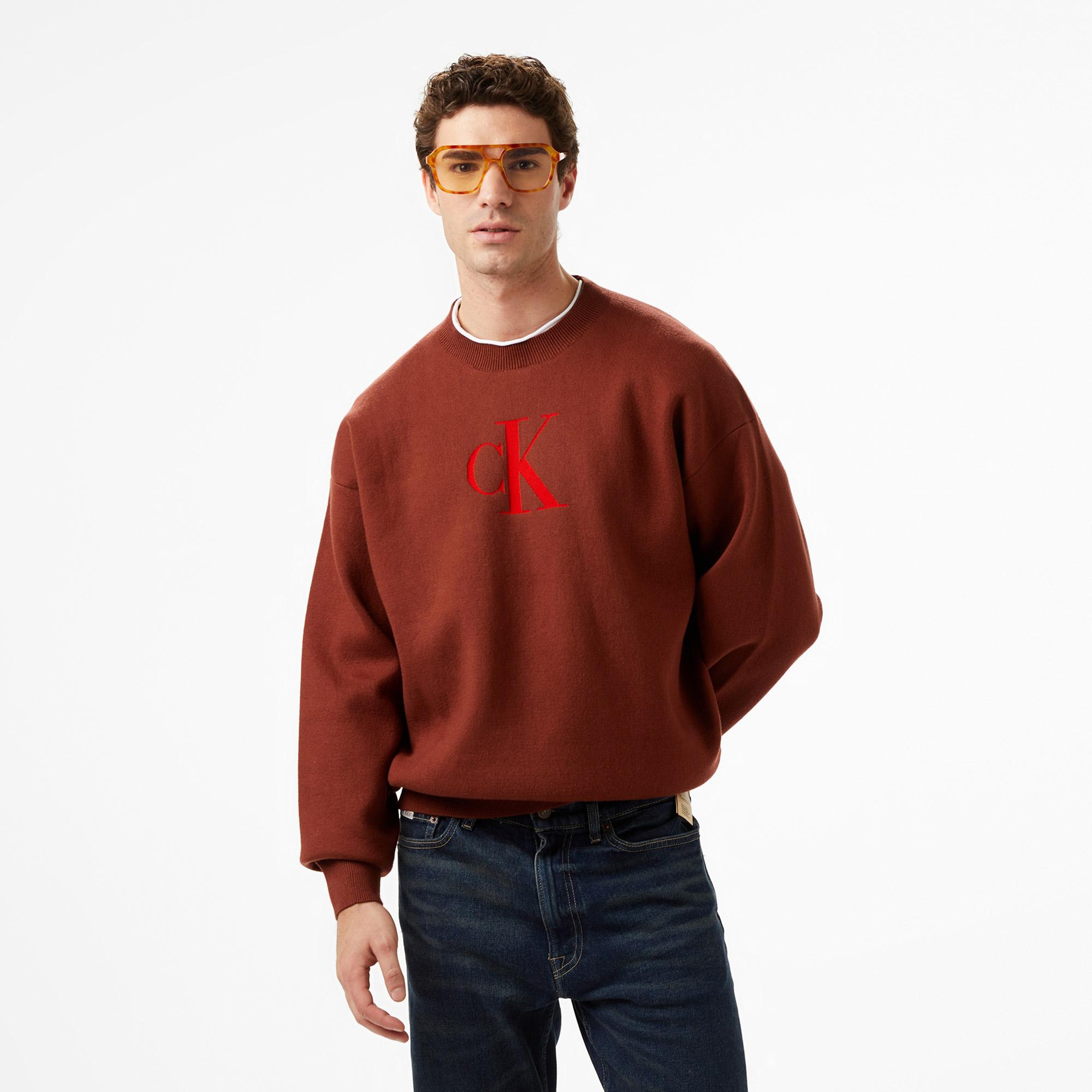 Calvin Klein Cashmere 3D Logo Erkek Kahverengi Triko