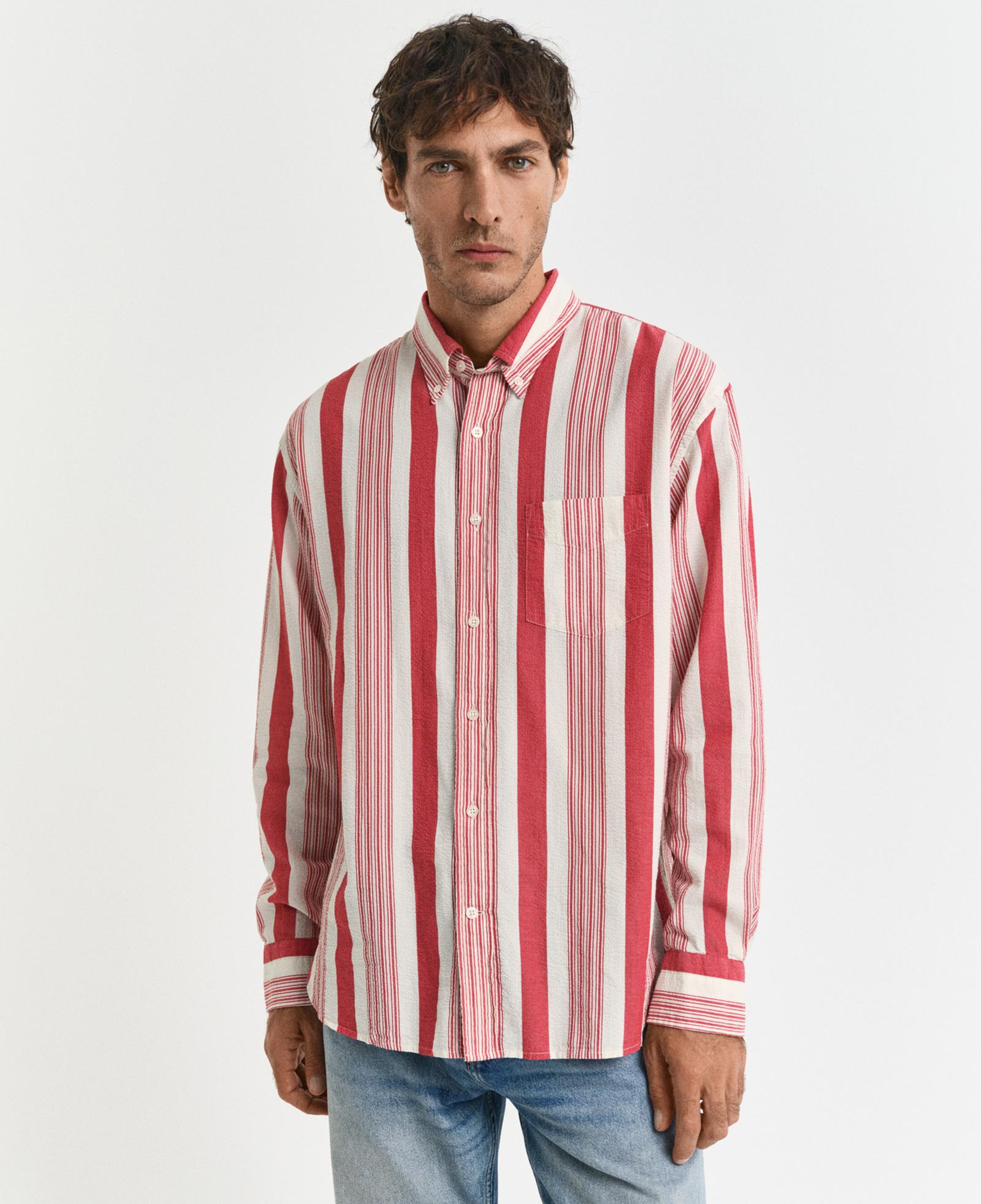 GANT Erkek Kırmızı Relaxed Fit Düğmeli Yaka Çizgili Gömlek