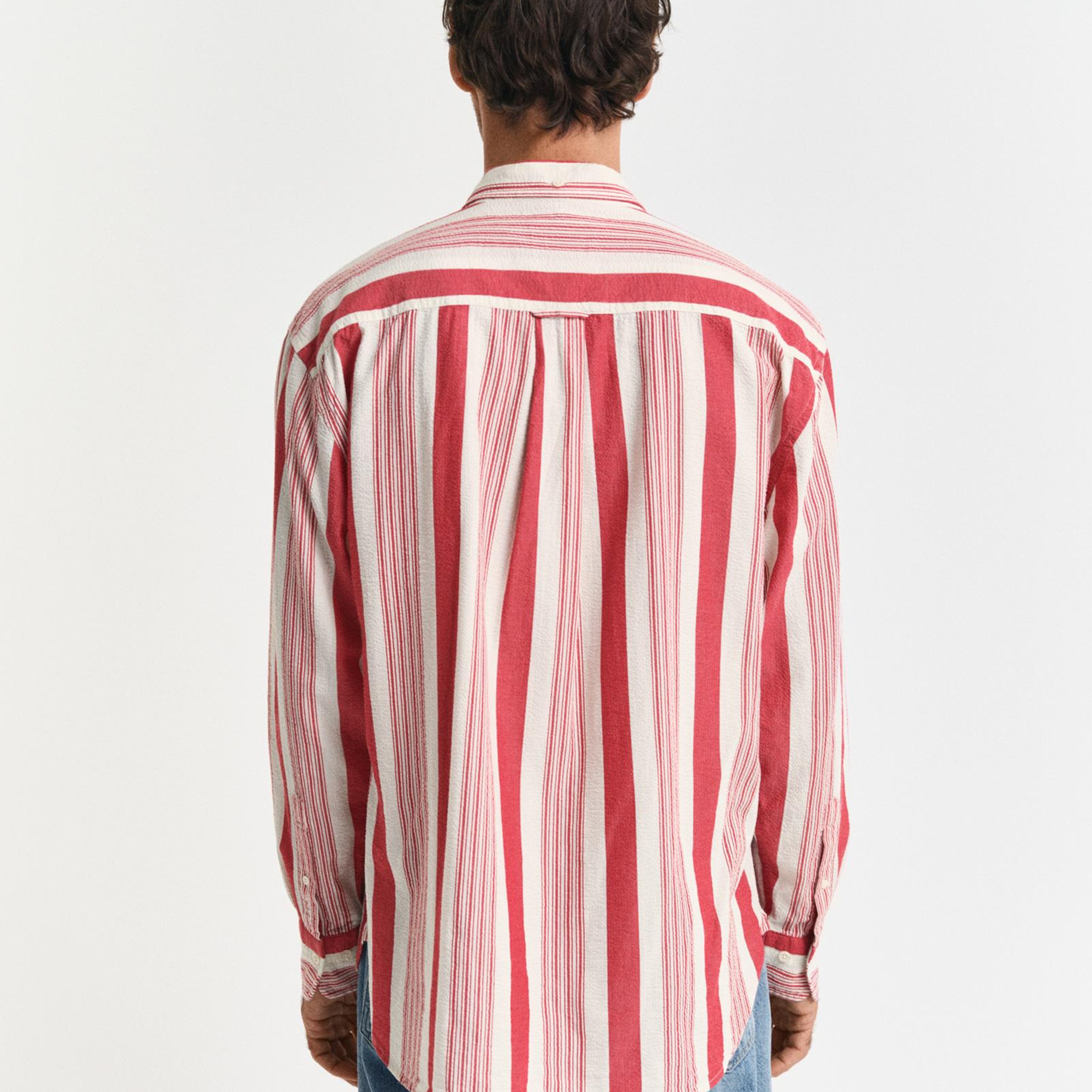 GANT Erkek Kırmızı Relaxed Fit Düğmeli Yaka Çizgili Gömlek