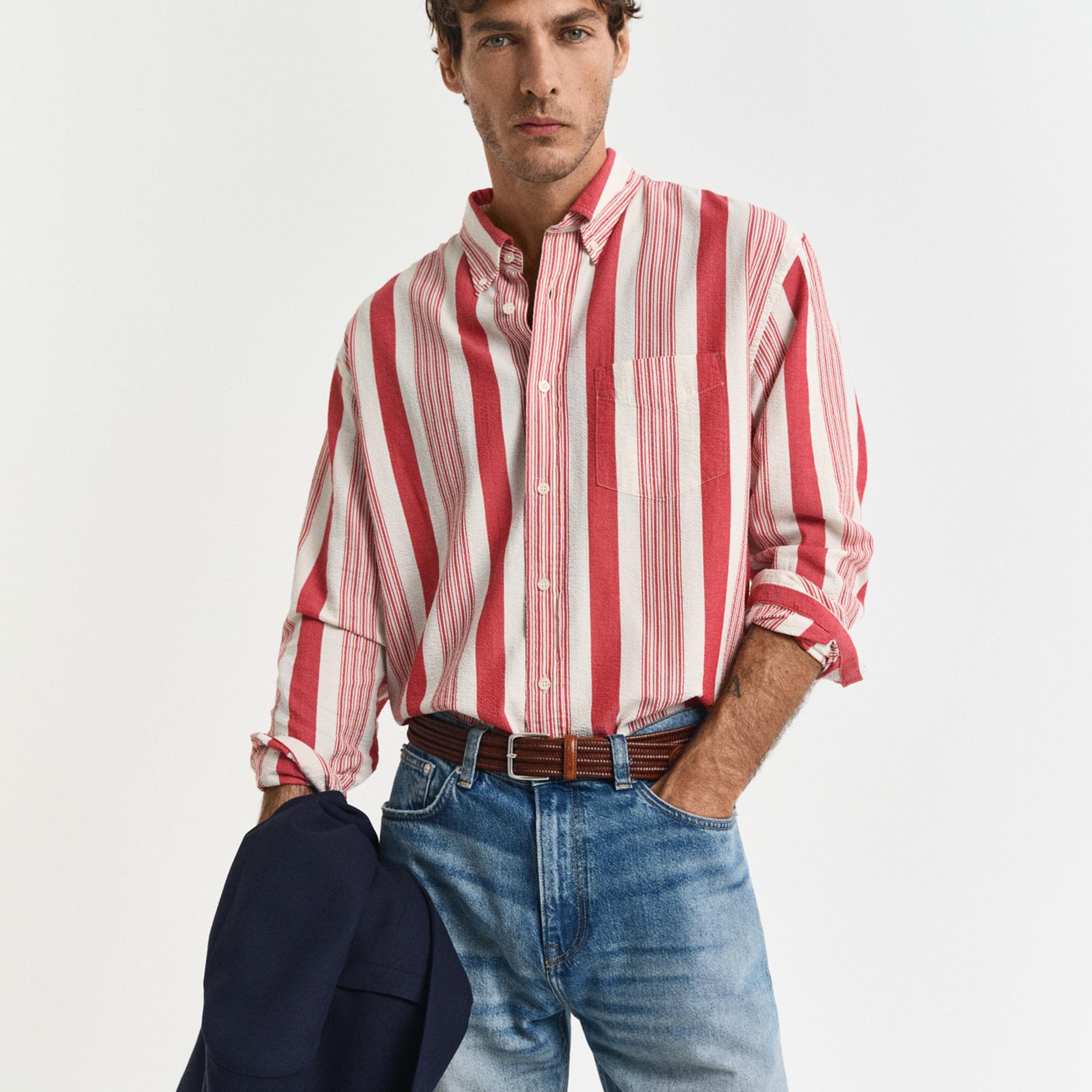 GANT Erkek Kırmızı Relaxed Fit Düğmeli Yaka Çizgili Gömlek