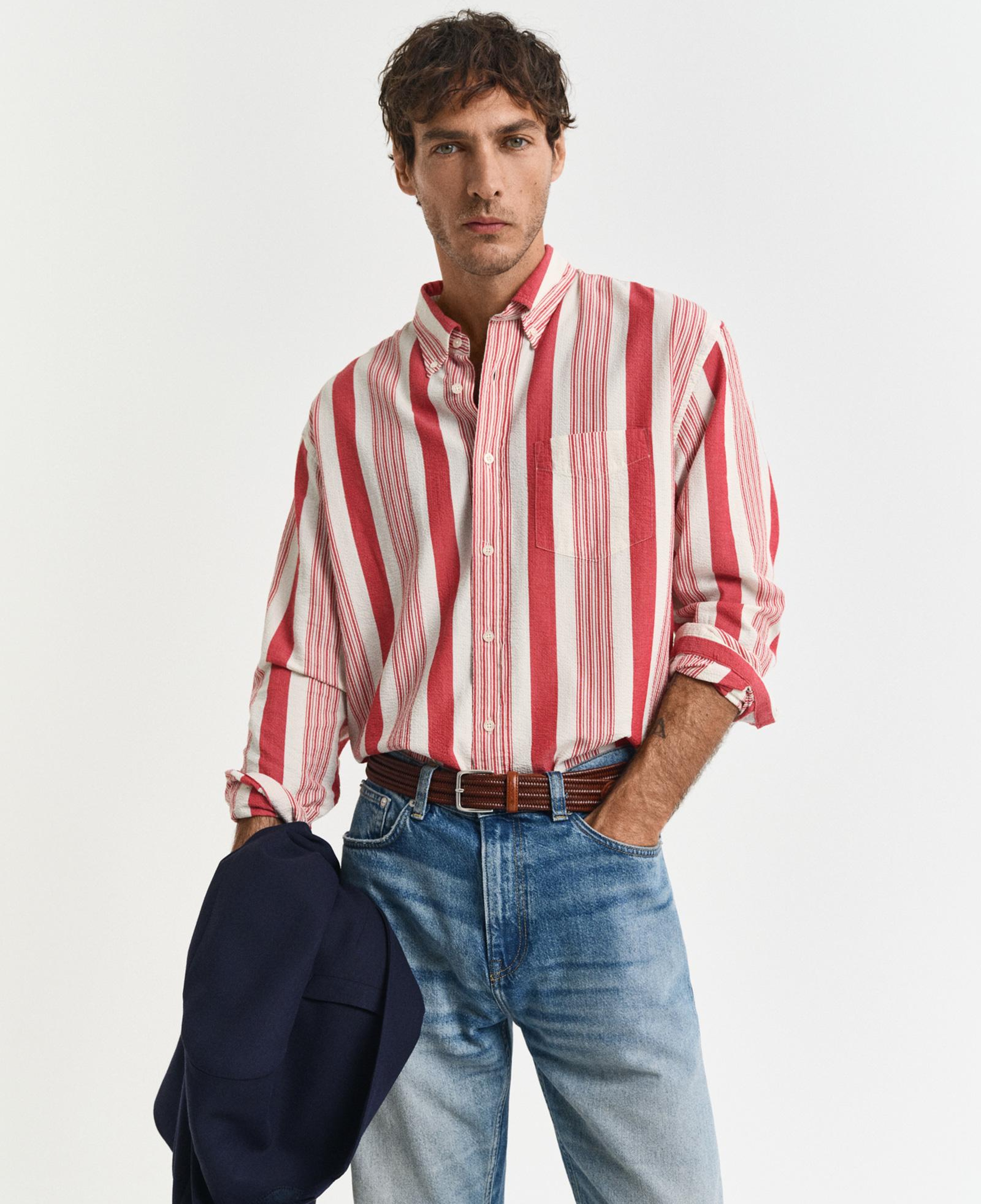 GANT Erkek Kırmızı Relaxed Fit Düğmeli Yaka Çizgili Gömlek