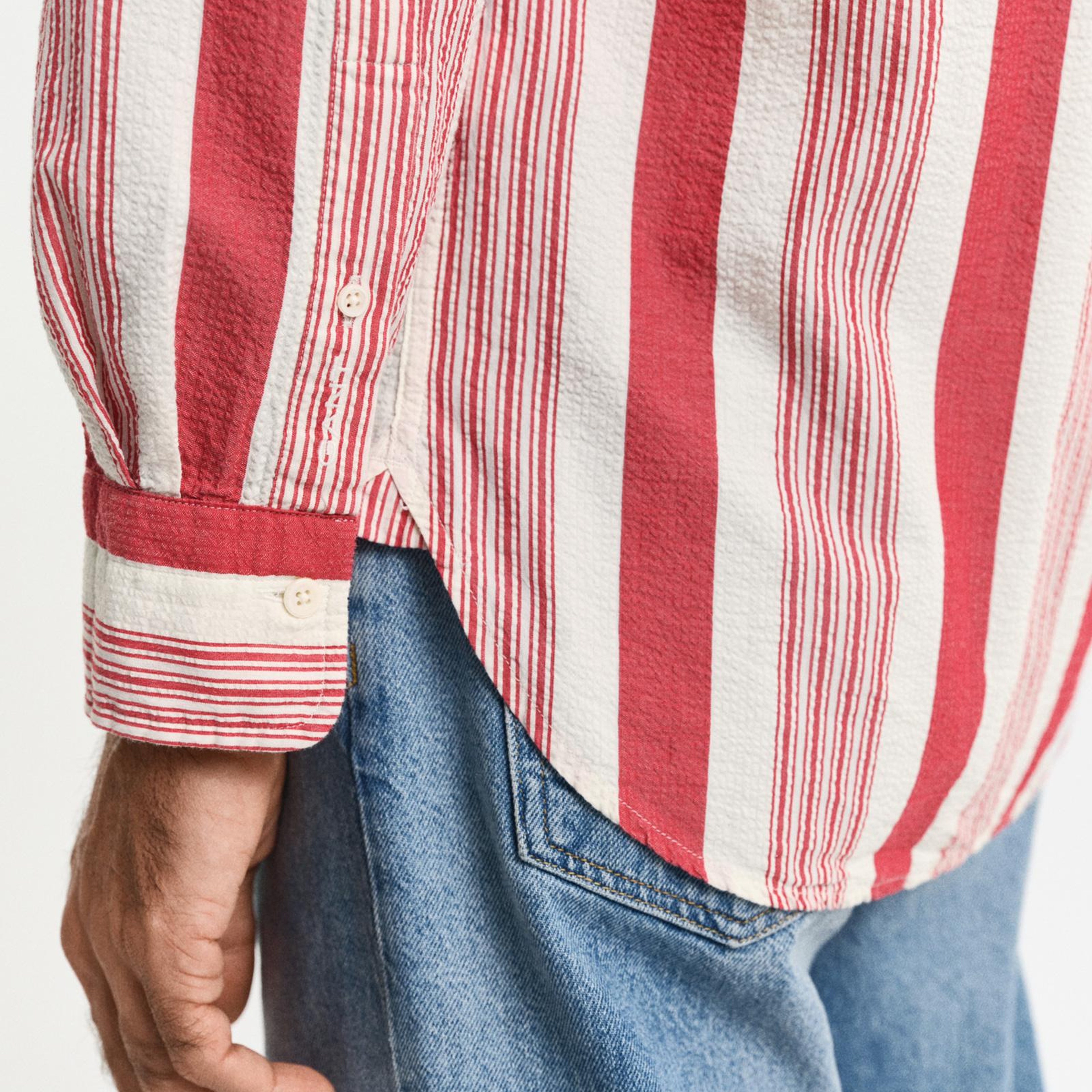 GANT Erkek Kırmızı Relaxed Fit Düğmeli Yaka Çizgili Gömlek