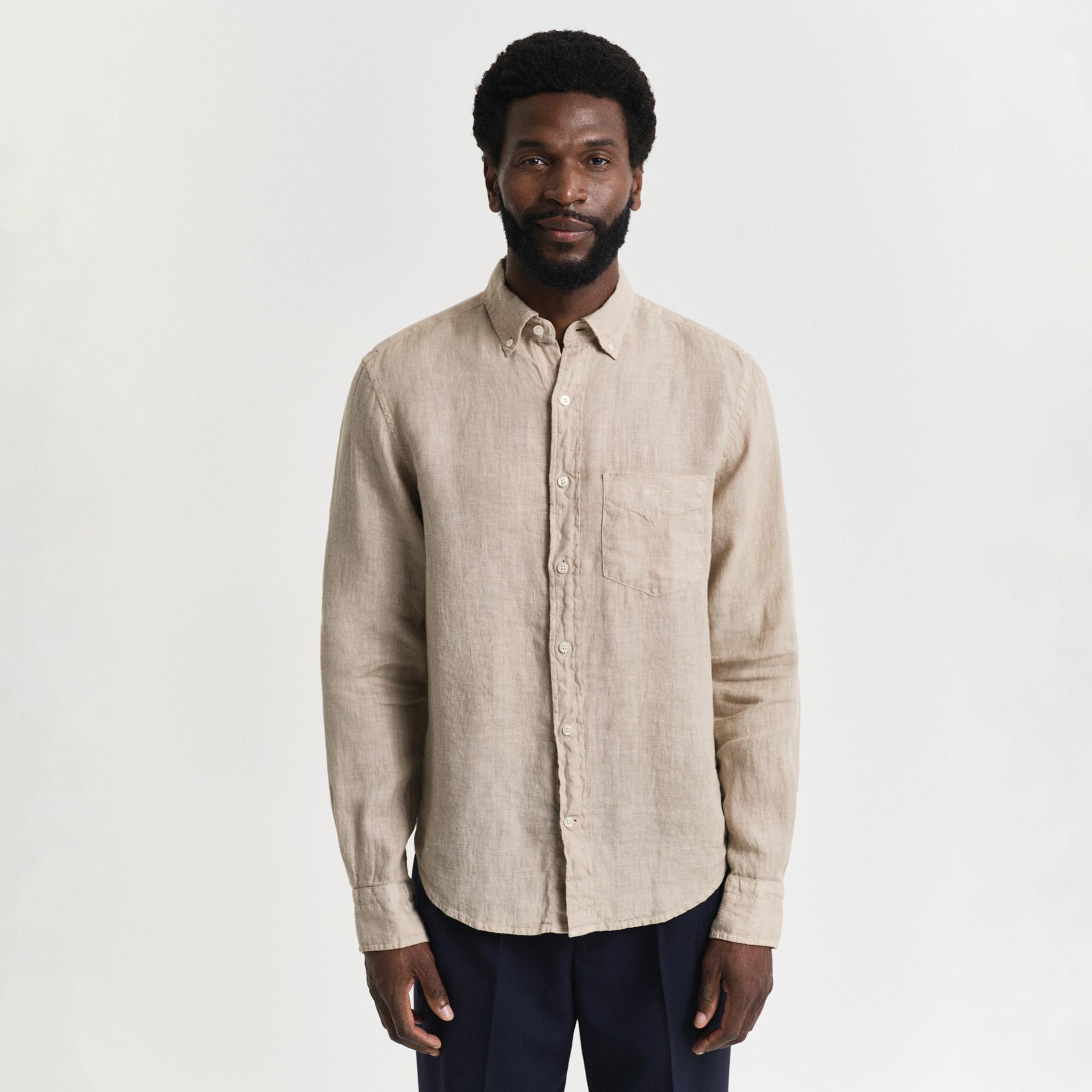 Gant Erkek Bej Regular Fit Düğmeli Yaka Keten Gömlek