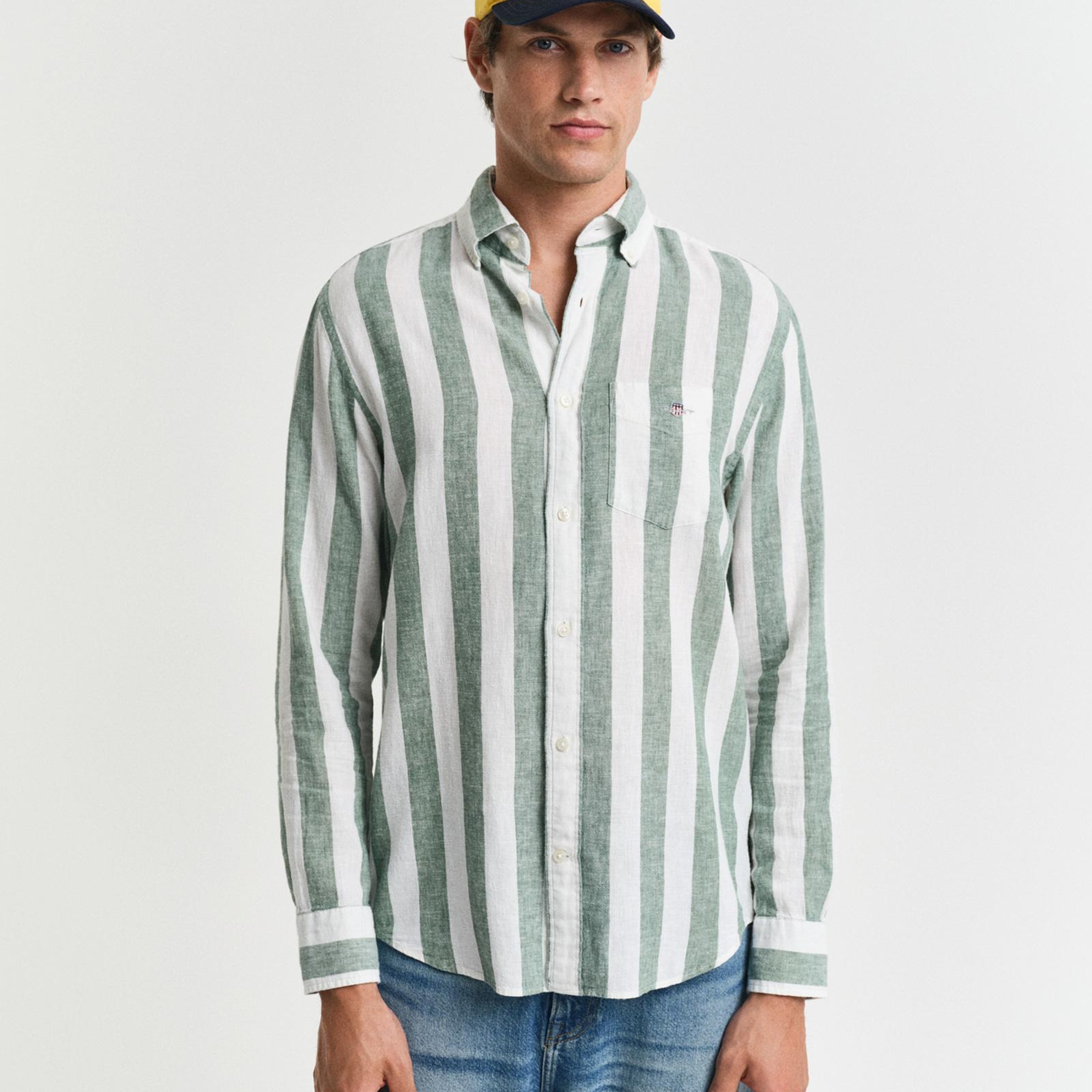 GANT Erkek Yeşil Regular Fit Düğmeli Yaka Çizgili Gömlek