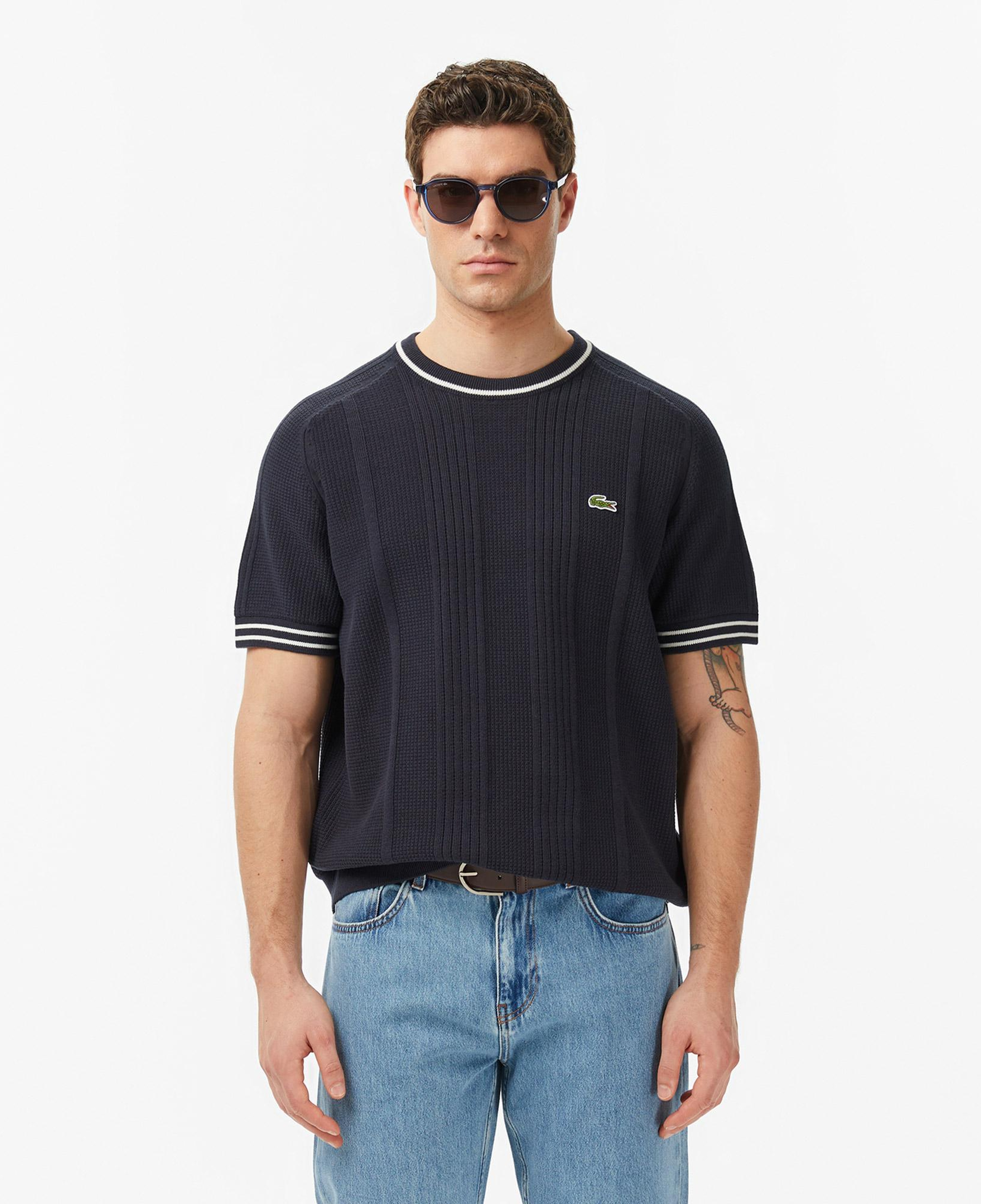 Lacoste Erkek Classic Fit Kısa Kollu Bisiklet Yaka Çizgili Koyu Gri Triko