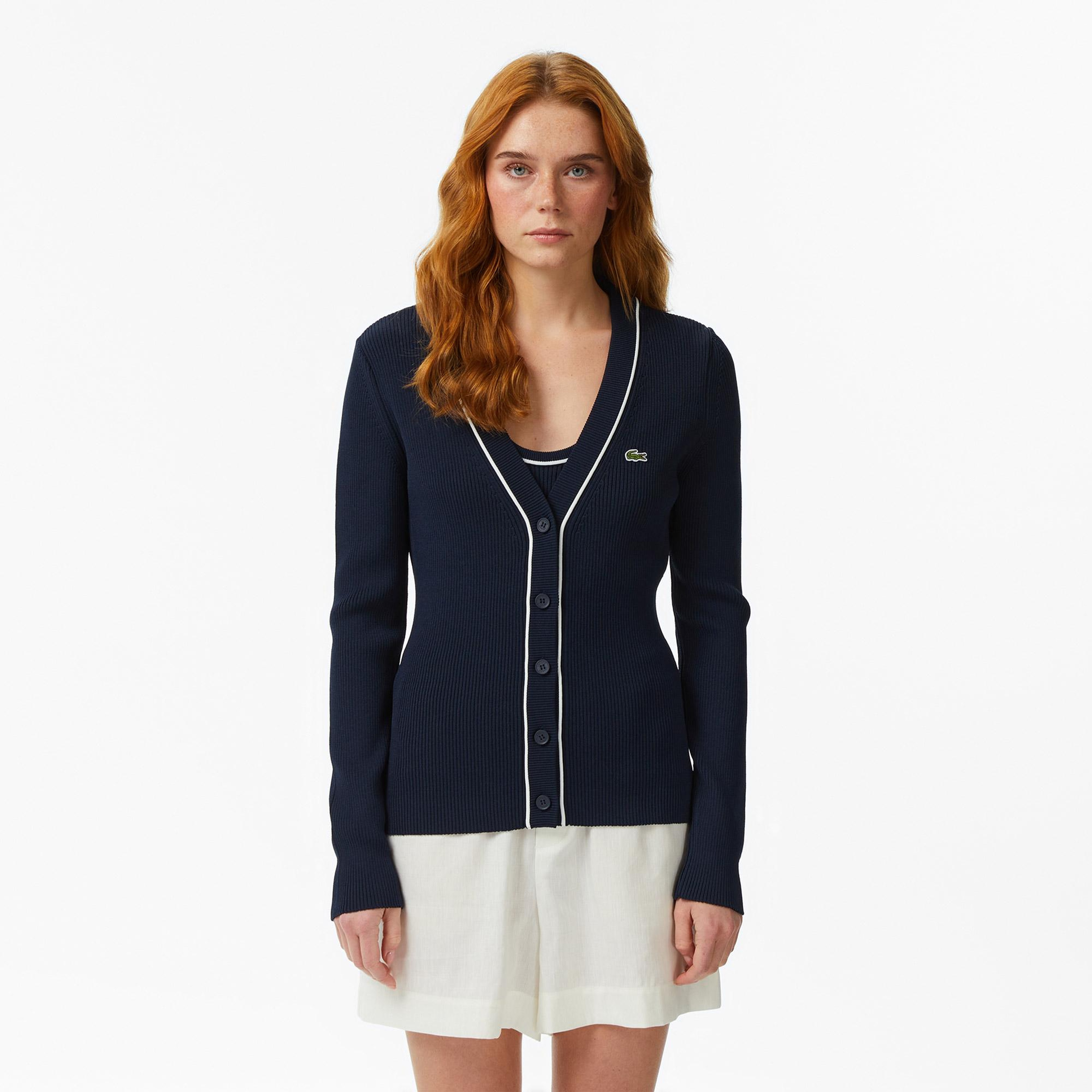 Lacoste Kadın Slim Fit V Yaka Lacivert Hırka