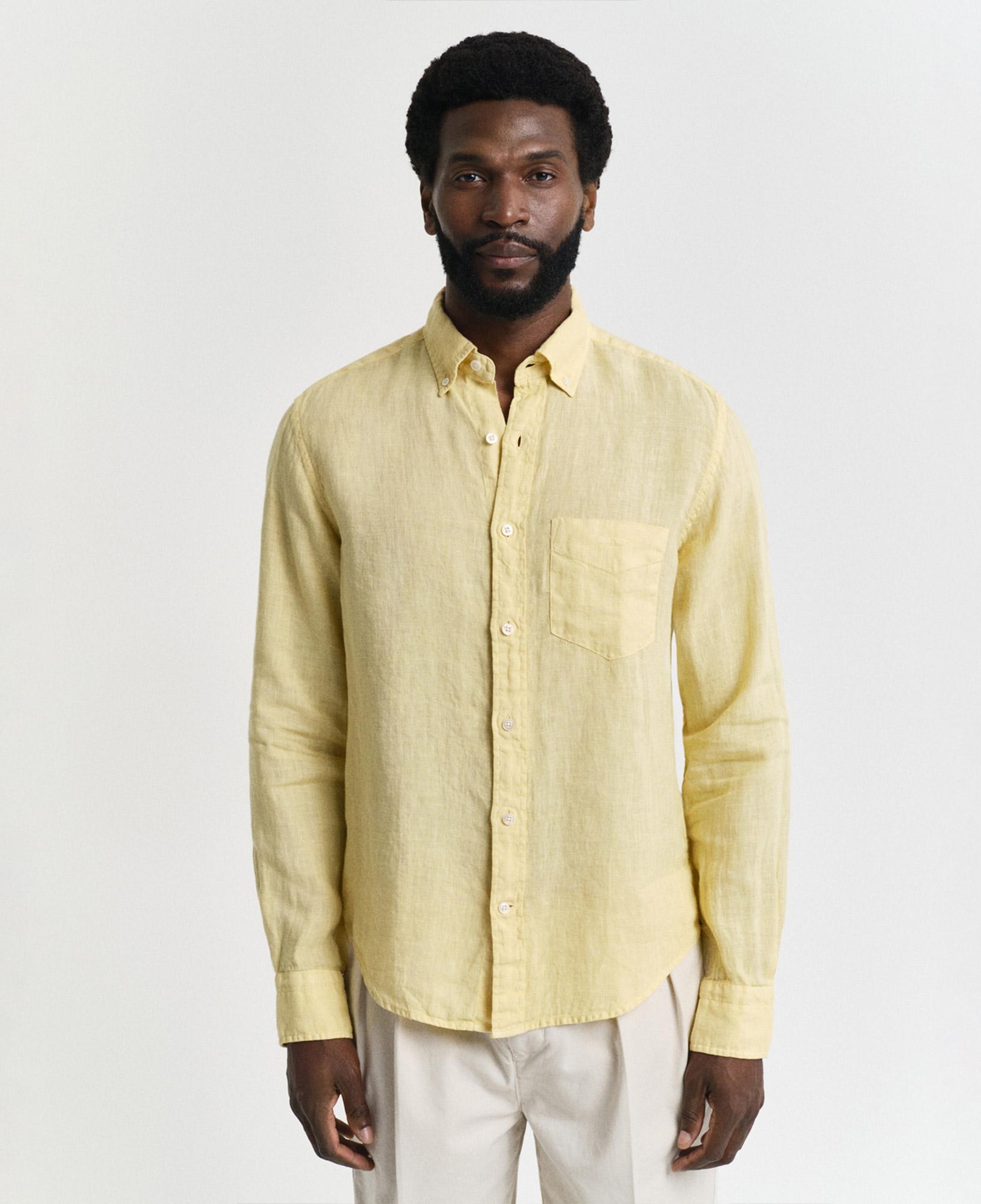 Gant Erkek Sarı Regular Fit Düğmeli Yaka Keten Gömlek