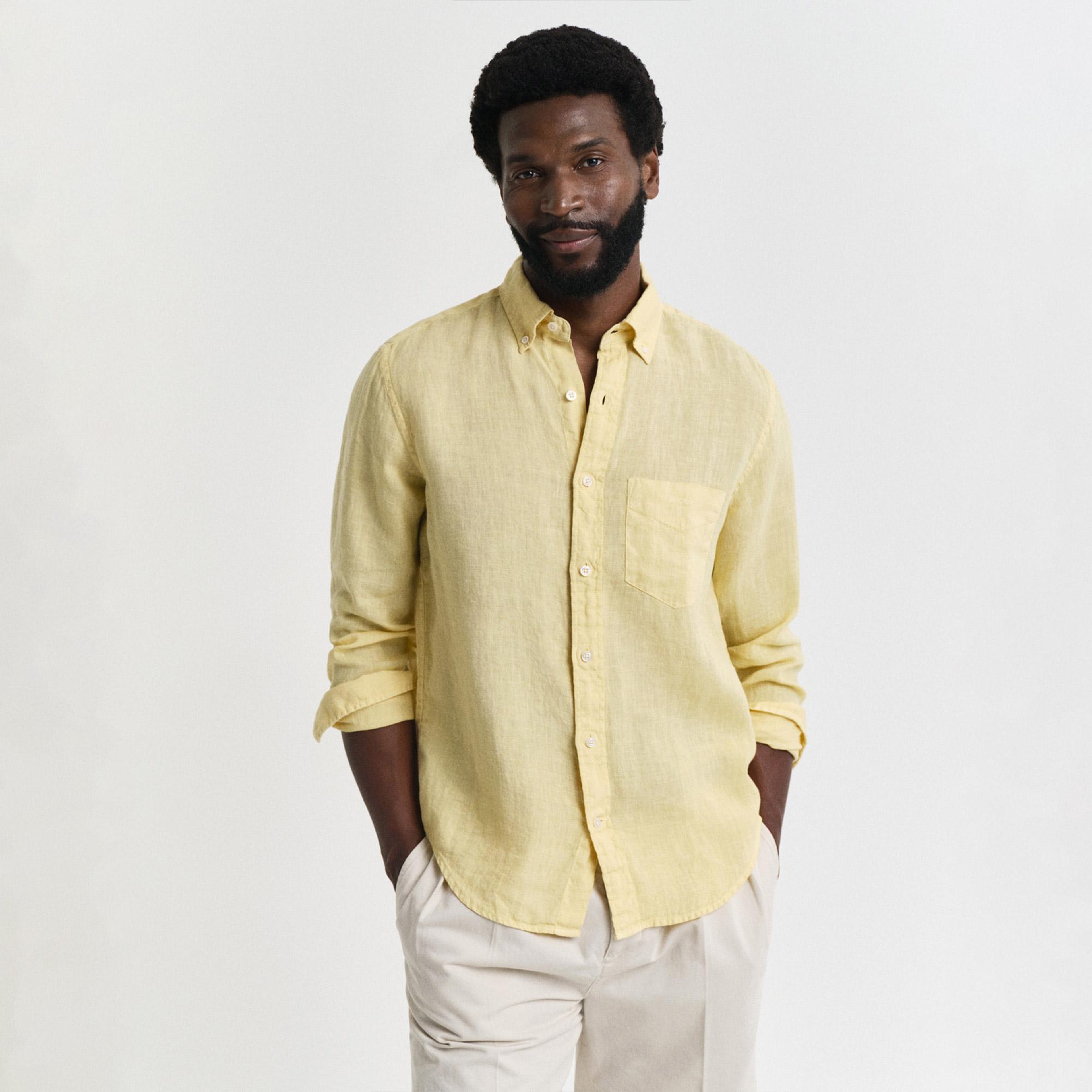 Gant Erkek Sarı Regular Fit Düğmeli Yaka Keten Gömlek