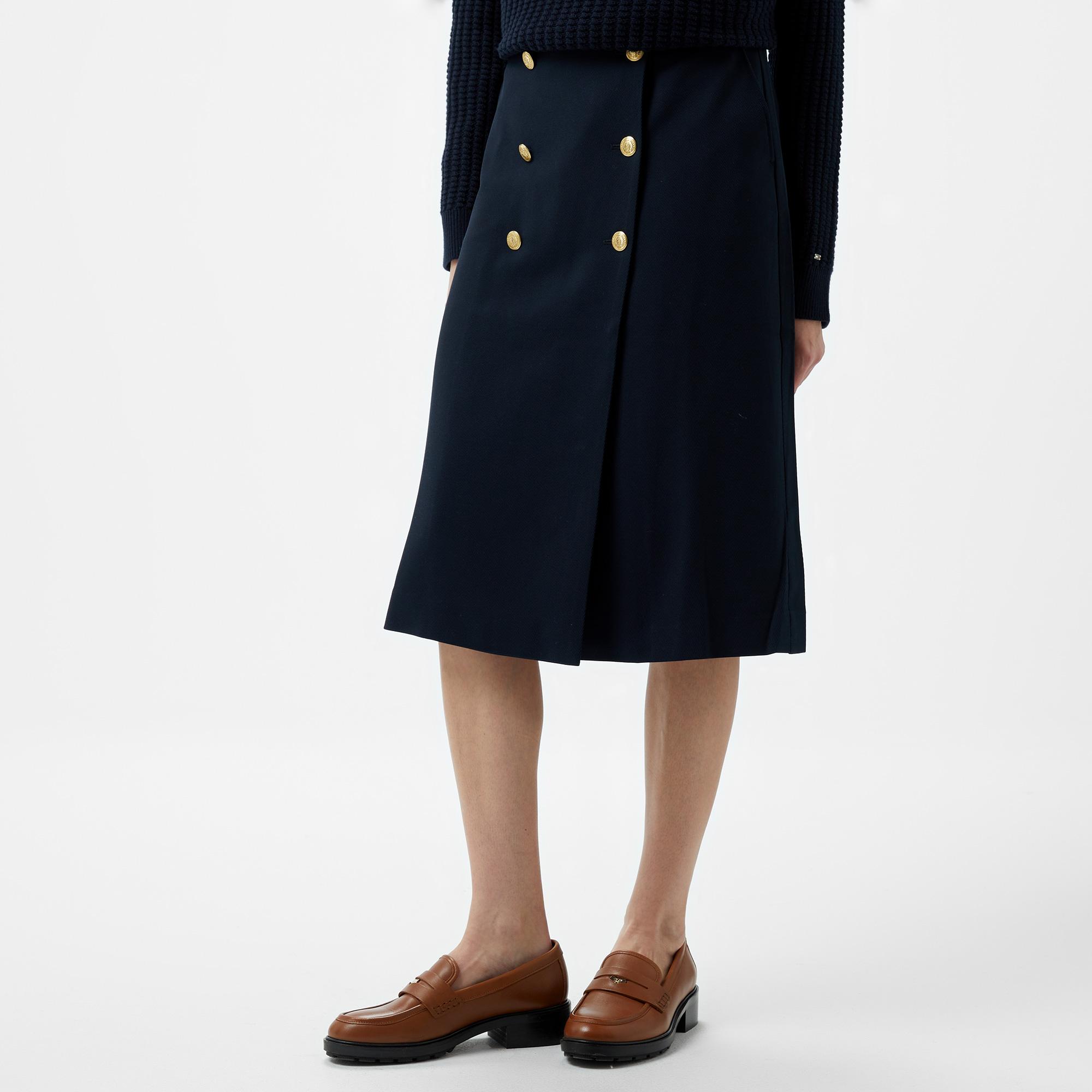 Tommy Hilfiger Gold Button Twill Midi Kadın Mavi Etek