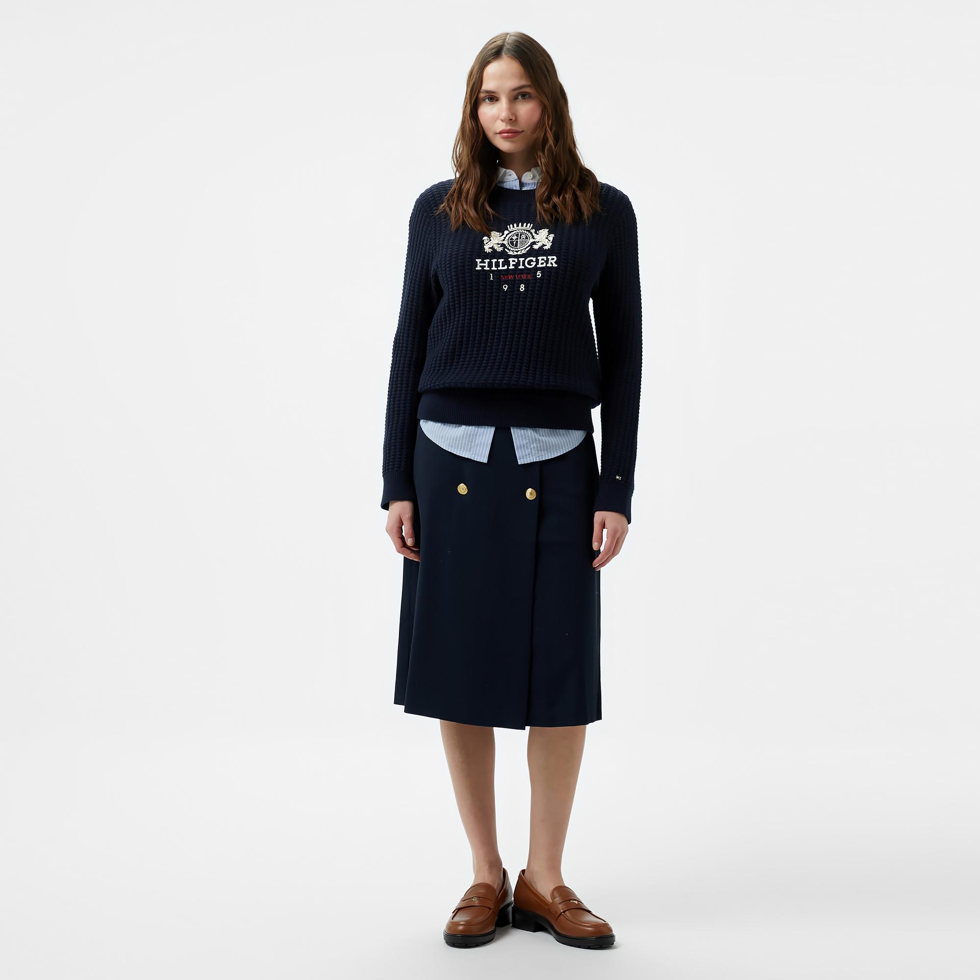 Tommy Hilfiger Gold Button Twill Midi Kadın Mavi Etek