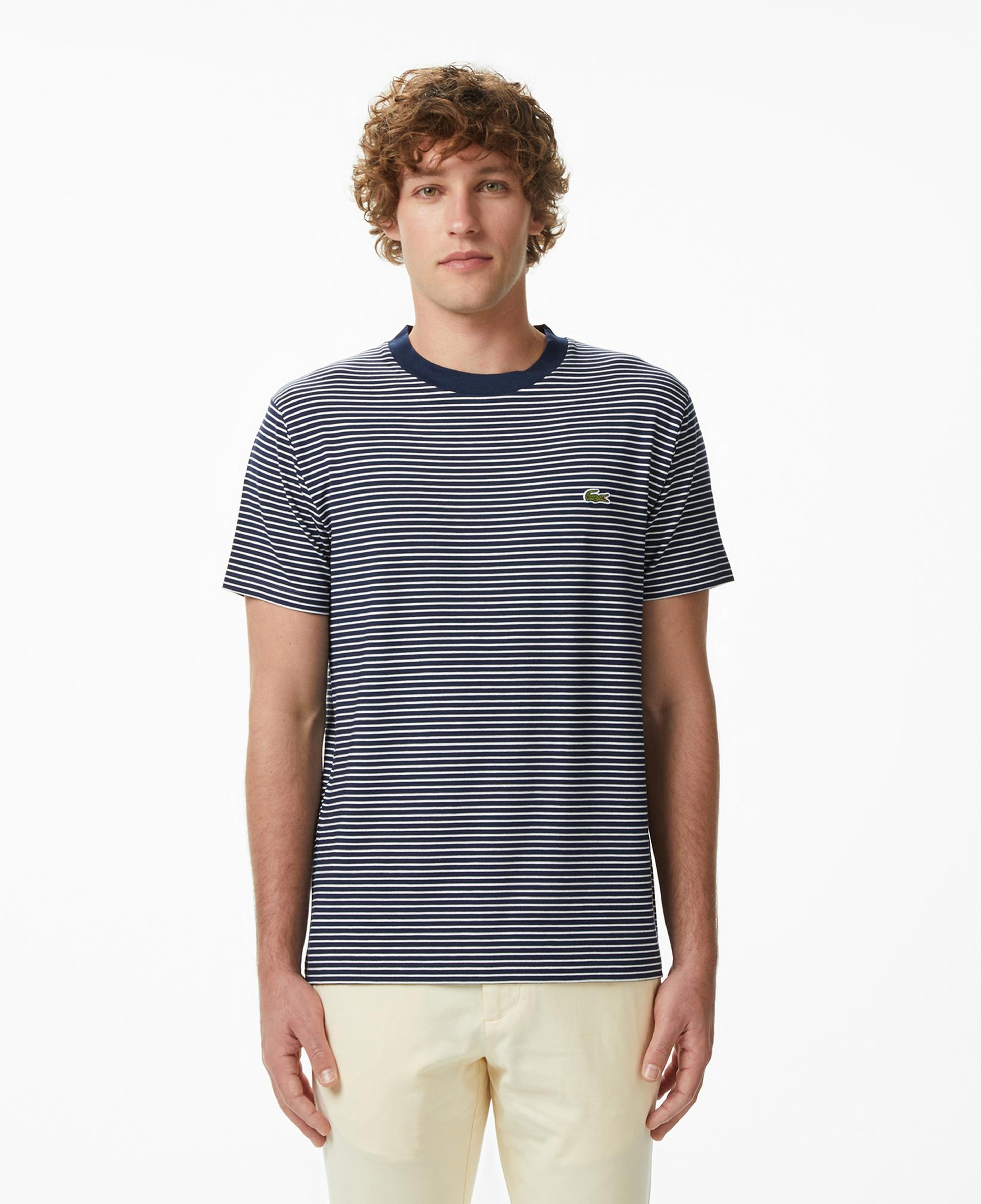 Lacoste Erkek Regular Fit Bisiklet Yaka Çizgili Lacivert T-Shirt