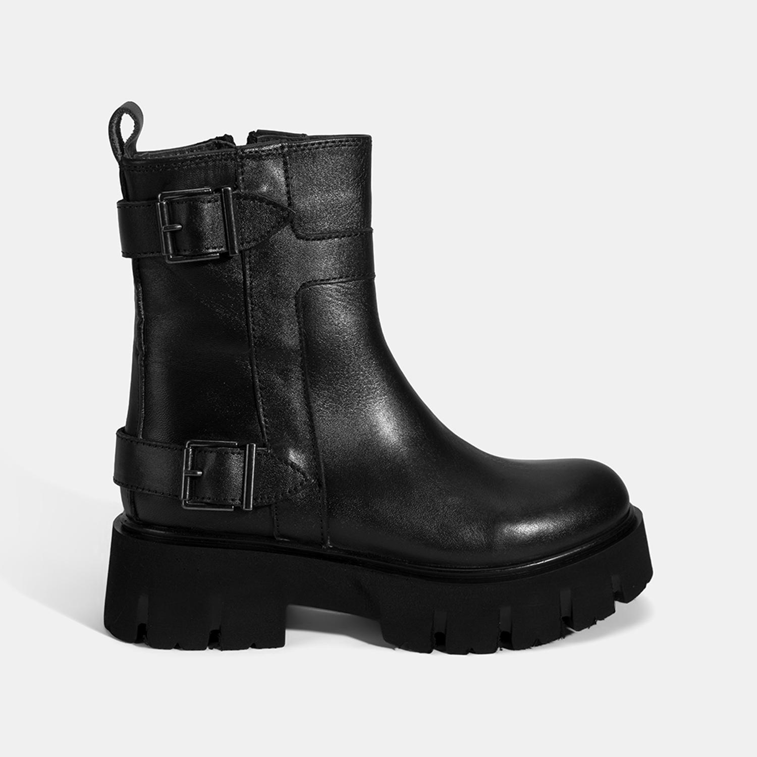 Kadın Siyah Metal Tokalı Deri Bot