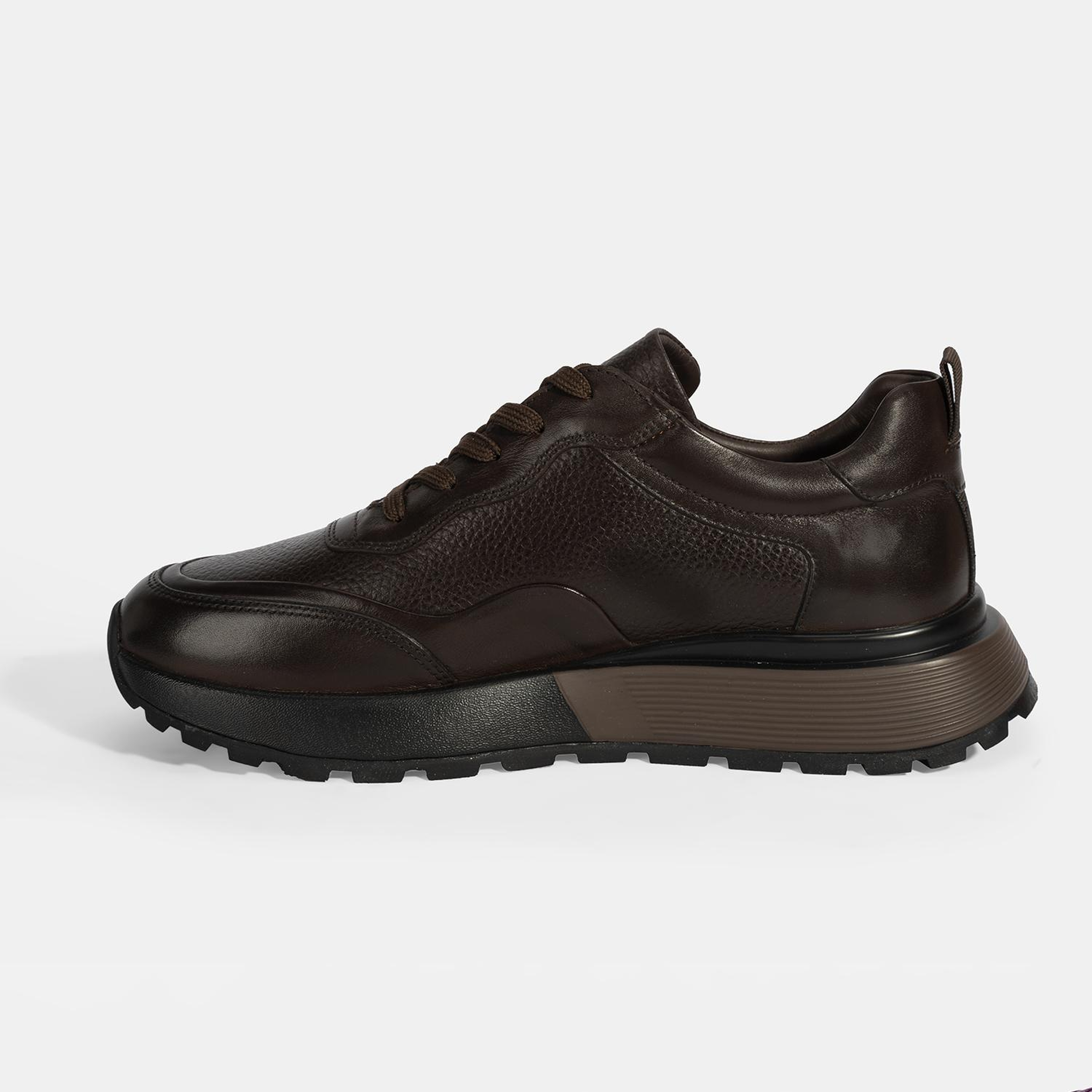 Erkek Kahve Bağcıklı Kalın Tabanlı Deri Sneaker