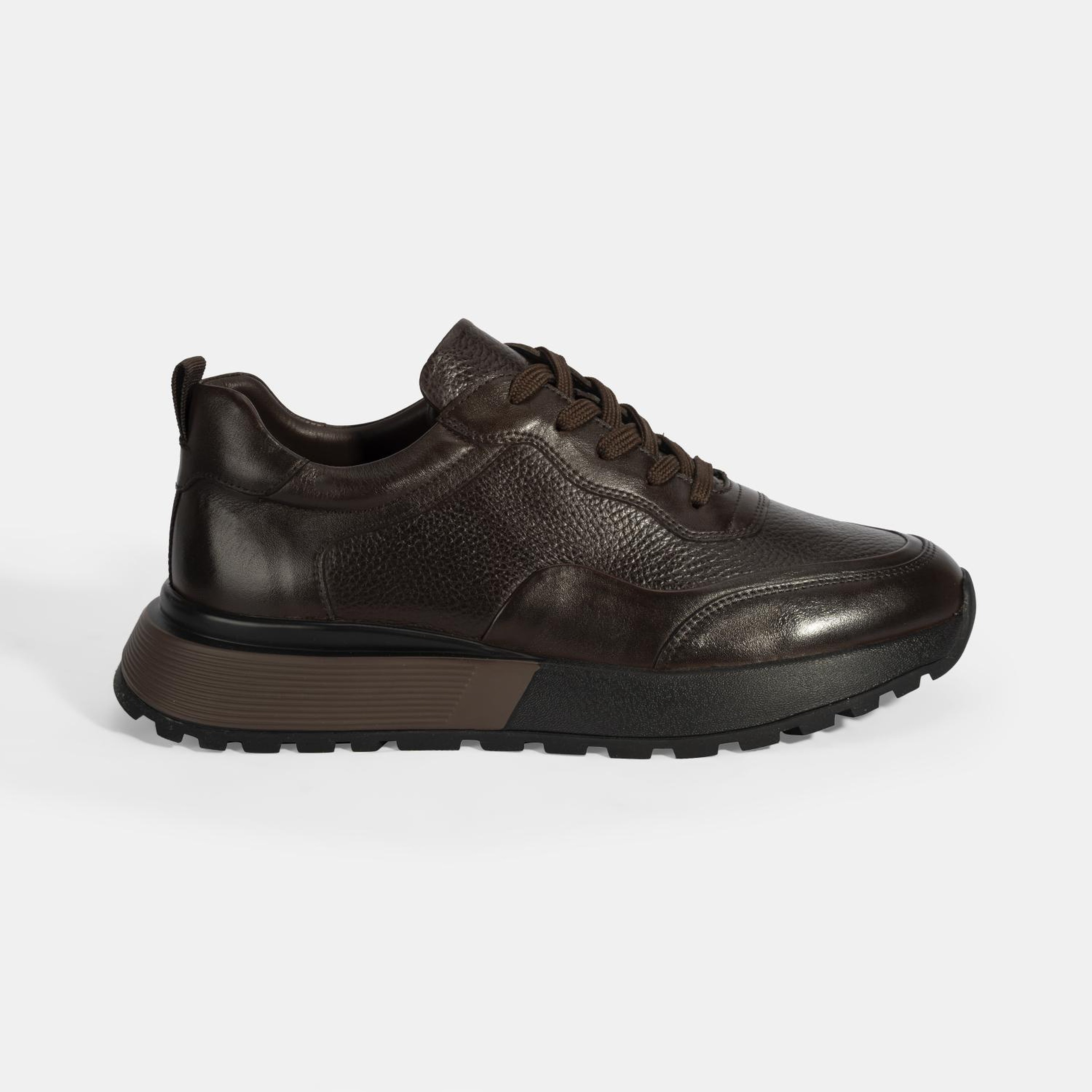 Erkek Kahve Bağcıklı Kalın Tabanlı Deri Sneaker