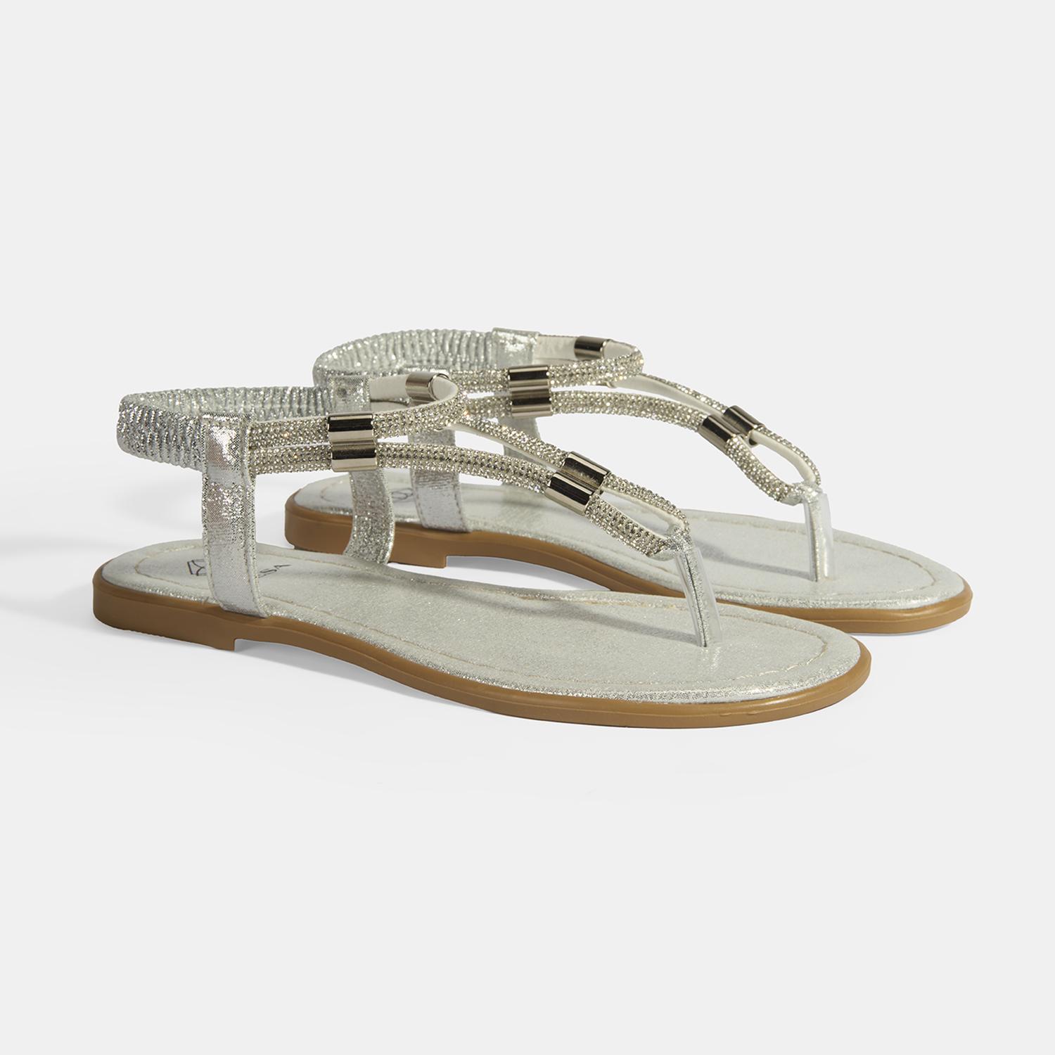 Kadın Gümüş Taşlı Lastik Bantlı Parmak Arası Sandalet