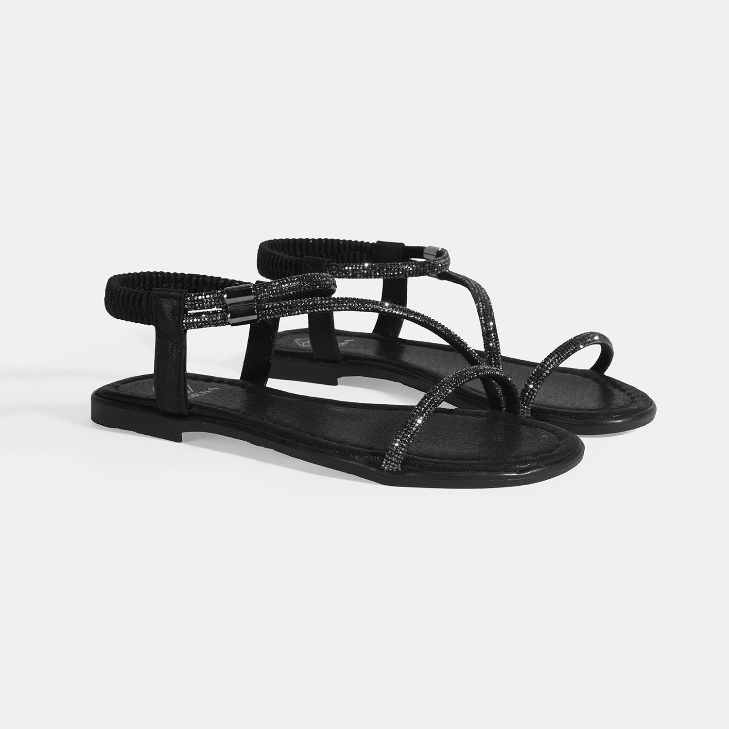 Kadın Siyah Lastik Bantlı Taşlı Sandalet