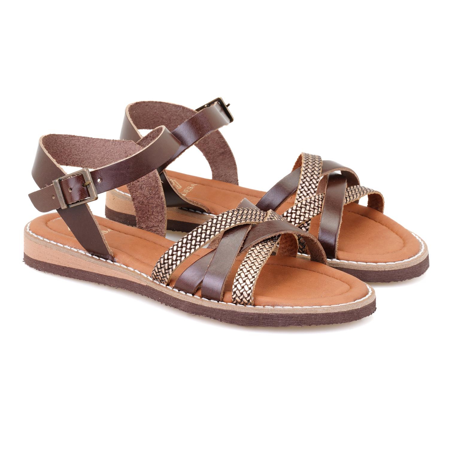 Kadın Kahve Ayarlanabilir Tokalı Deri Sandalet