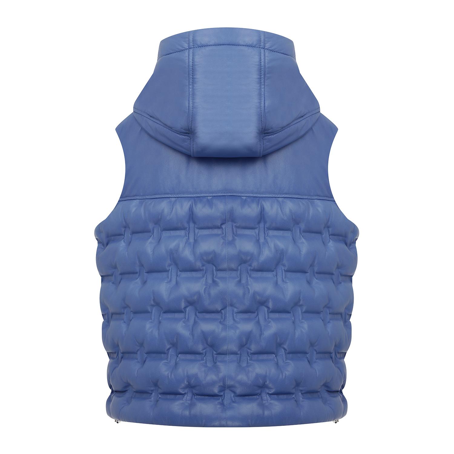 Anitra Mavi Kadın Kapüşonlu Puffer Deri Yelek