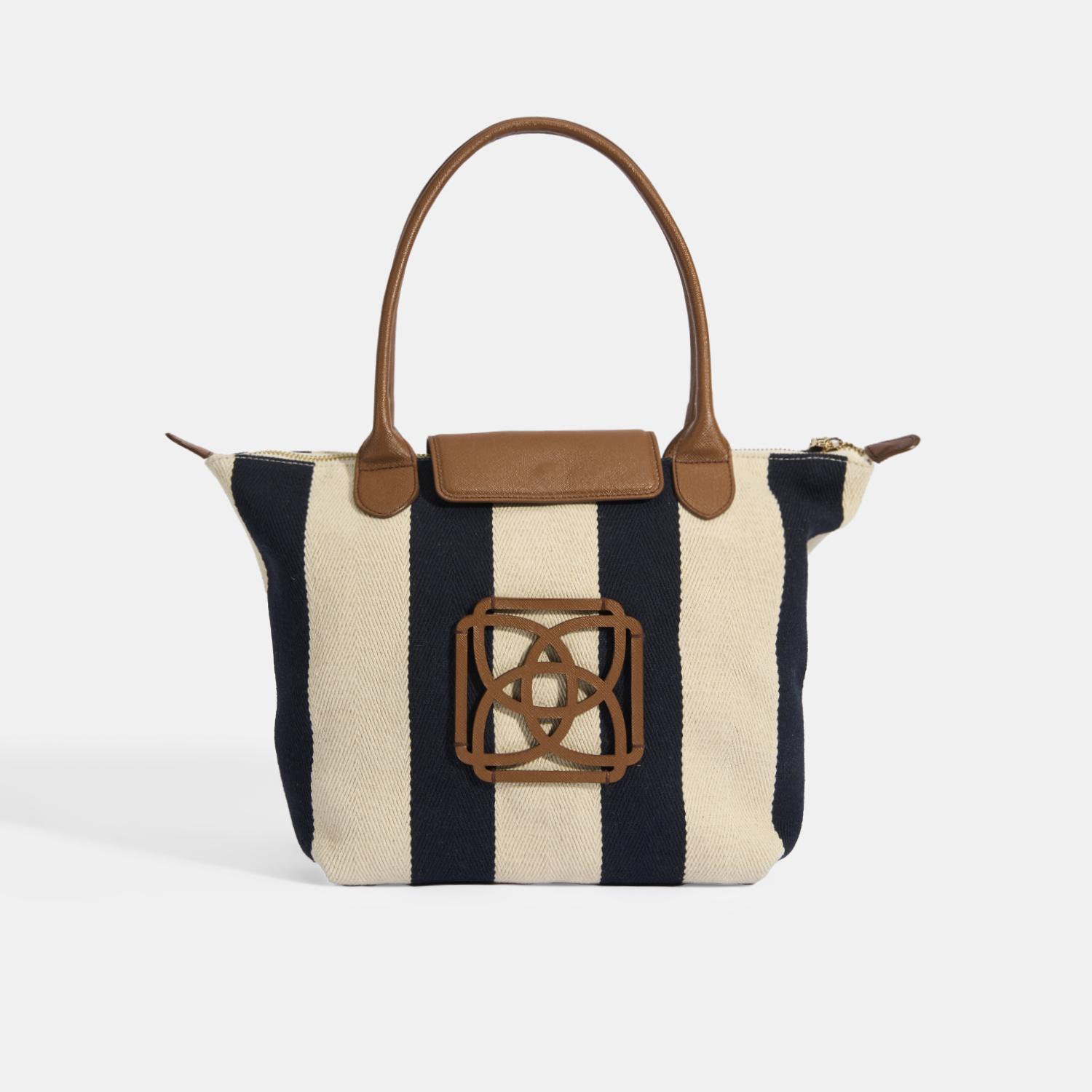 Kadın Monogram Logolu Lacivert Çizgili Kumaş Midi Omuz Çantası