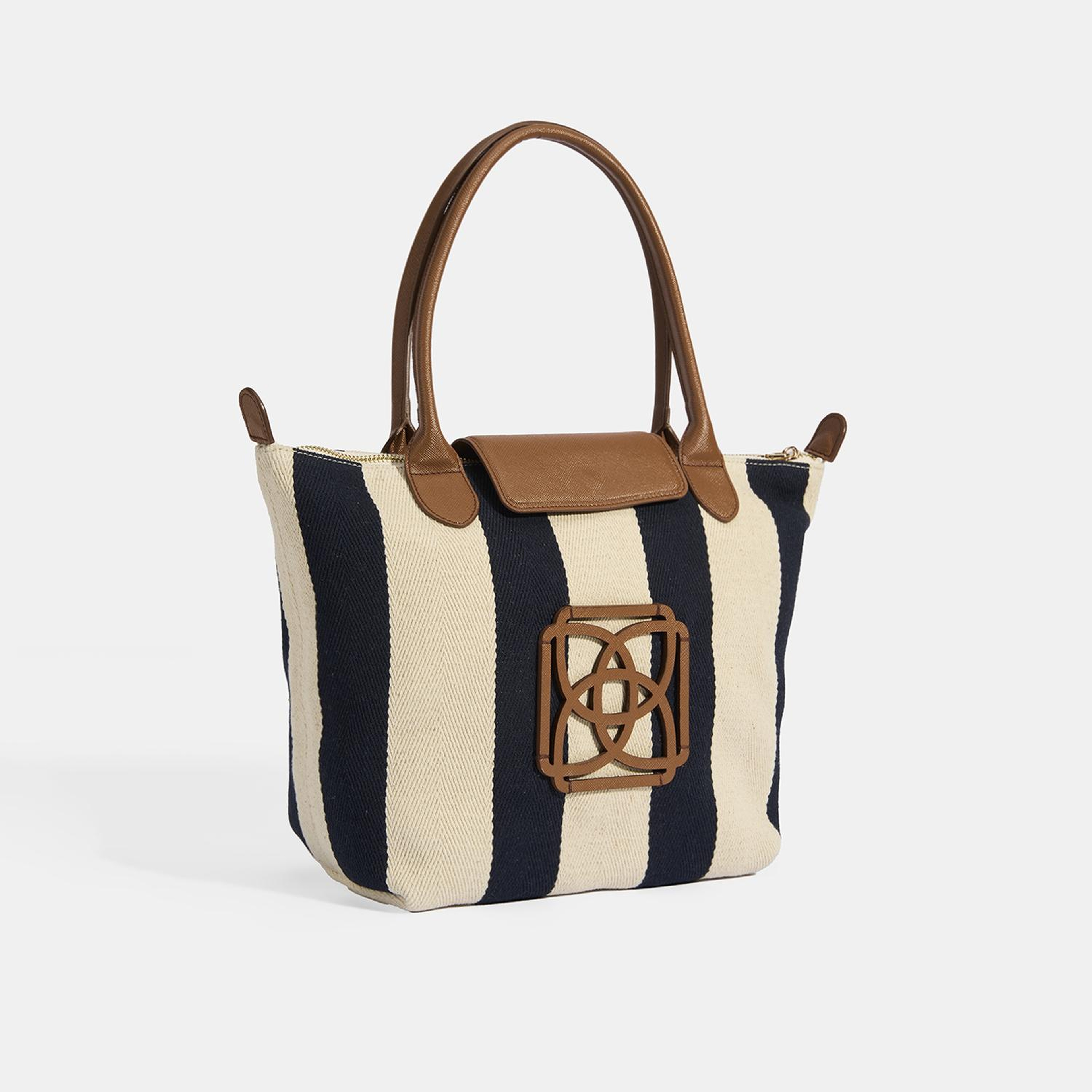 Kadın Monogram Logolu Lacivert Çizgili Kumaş Midi Omuz Çantası