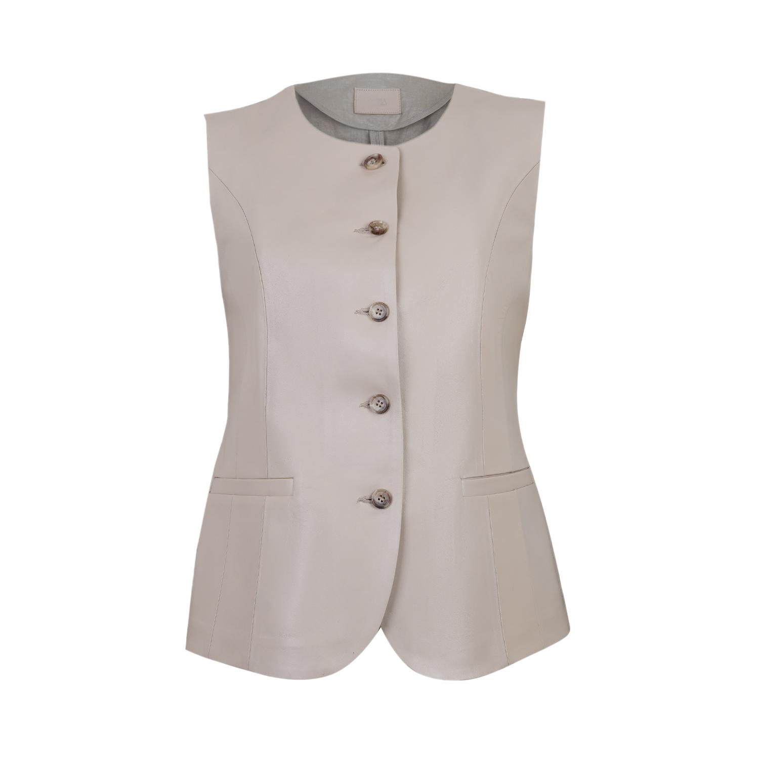 Siena Bej Kadın Deri Keten Yelek/Bluz